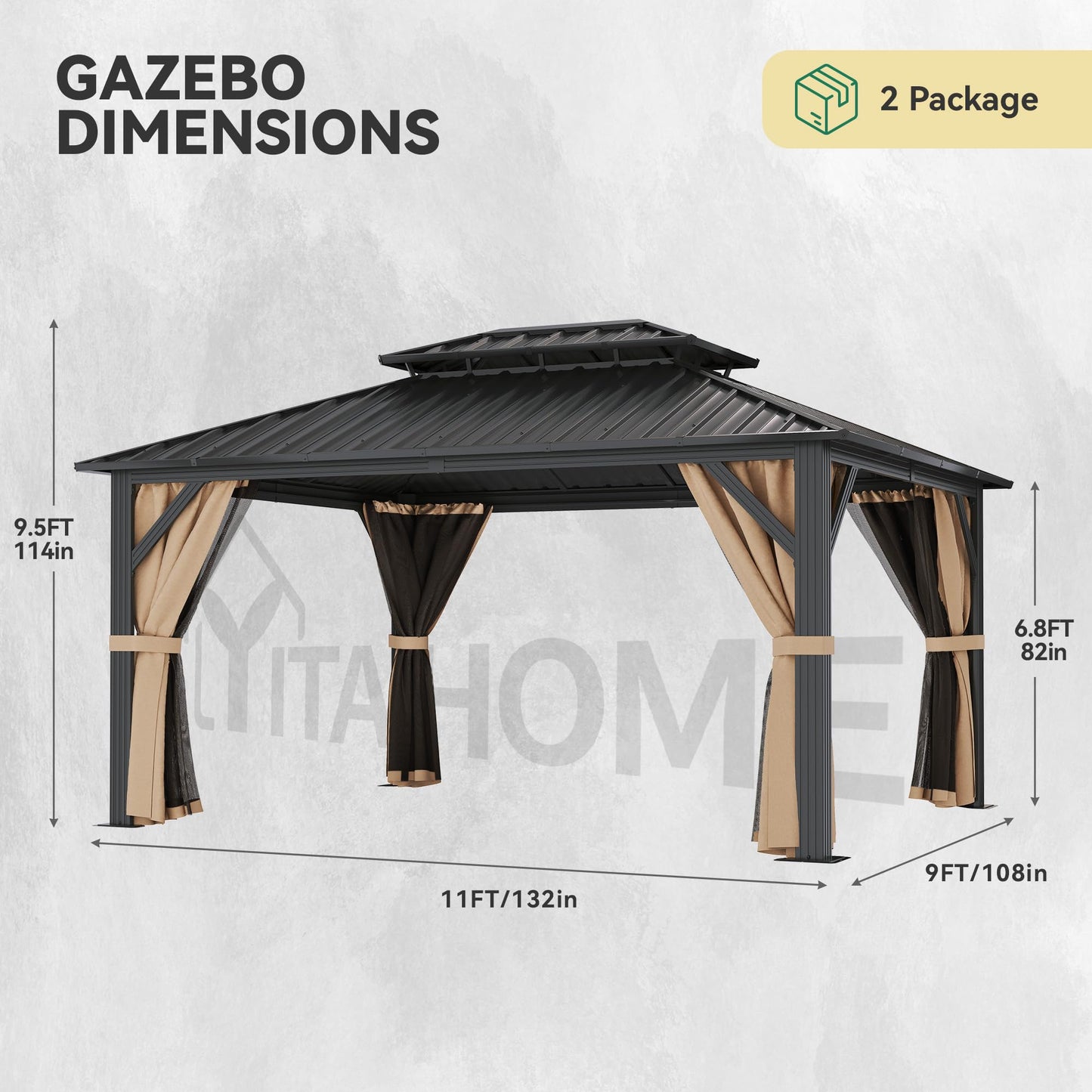 YITAHOME 9x11FT Hardtop Gazebo Double Roof Canopy w/Netting and Curtains, Outdoor Gazebo Permanent Galvanized Iron Steel Gazebo for Patio, Backyard, Deck and Lawns, Brown