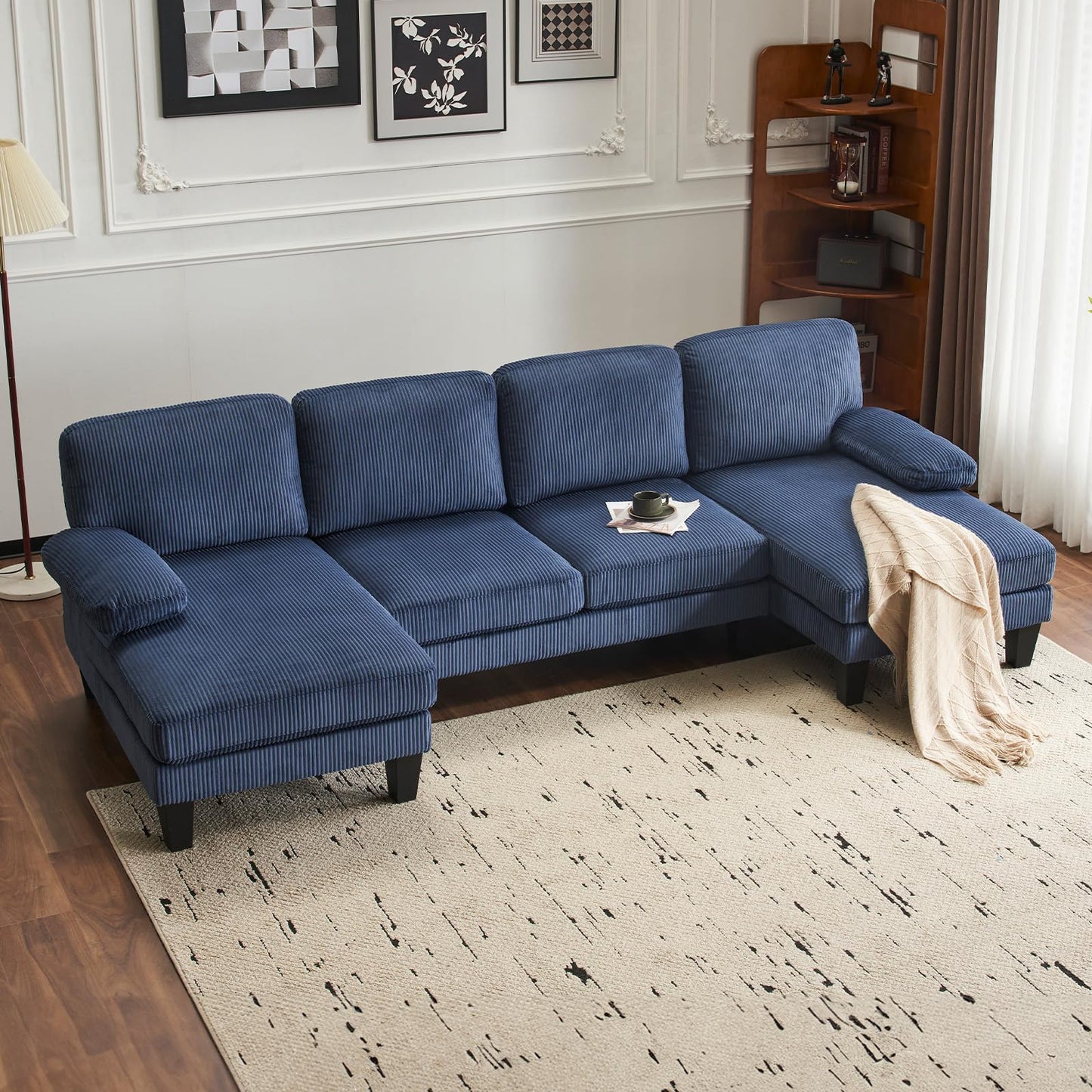 VINGLI 110" Sectional Couches for Living Room,U Shaped Couch with Double Chaise, 4-Seat Sofa Set with Corduroy Fabric for Home Furniture,Ocean Blue