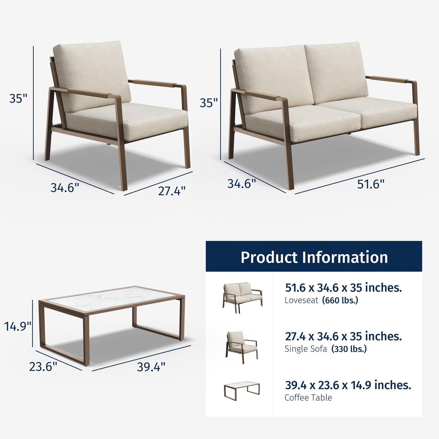 East Oak 4-Piece Patio Furniture Set with Thick Cushions, 4 Seats Waterproof Outdoor Patio Set with Rattan Armrests, Loveseat and Coffee Table for Backyard, 2024 Coast Patio Conversation Set in Beige