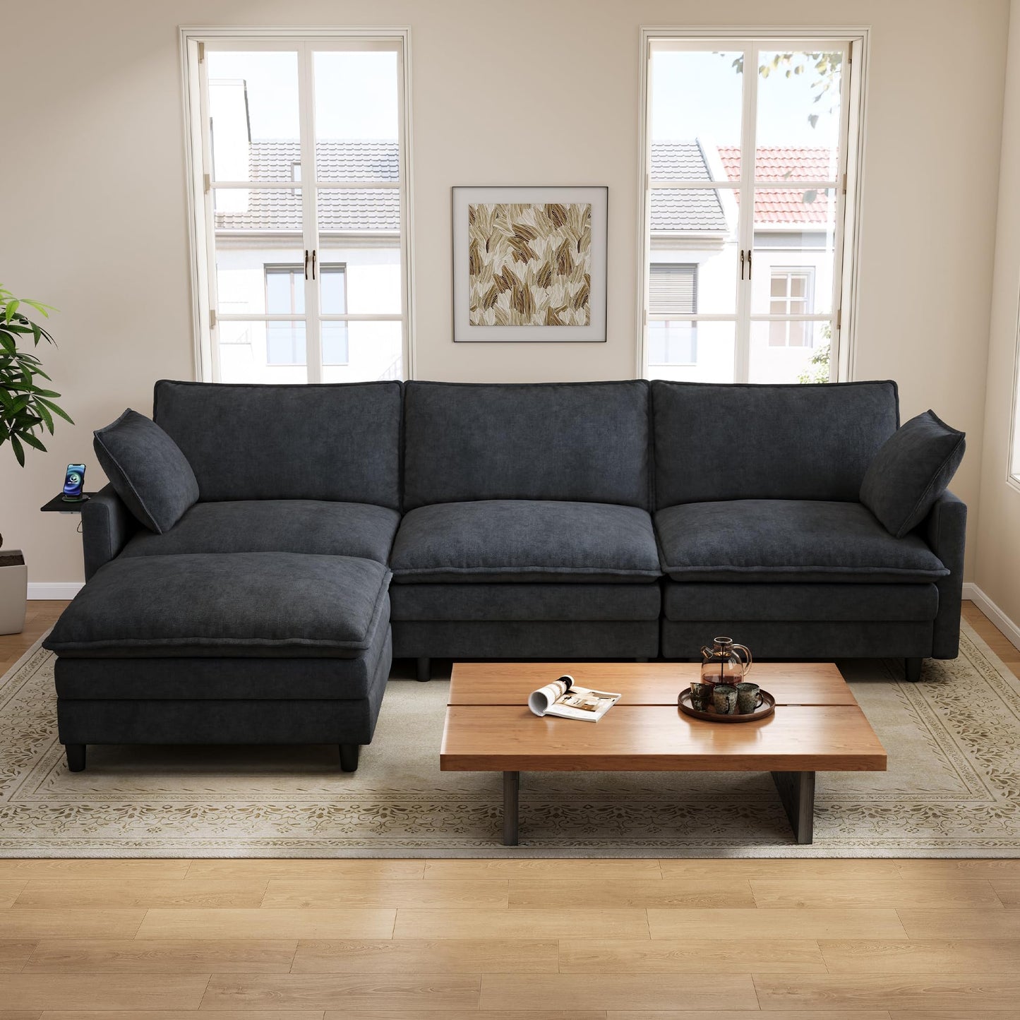 FAVSH 102'' L-Shaped Modular Sectional Sofa, 3-Seater Cloud Couch with Movable Ottoman, Deep Seat Chenille Upholstery, USB & Type-C Charging, Foldable Side Table for Living Room Apartment, Dark Gray