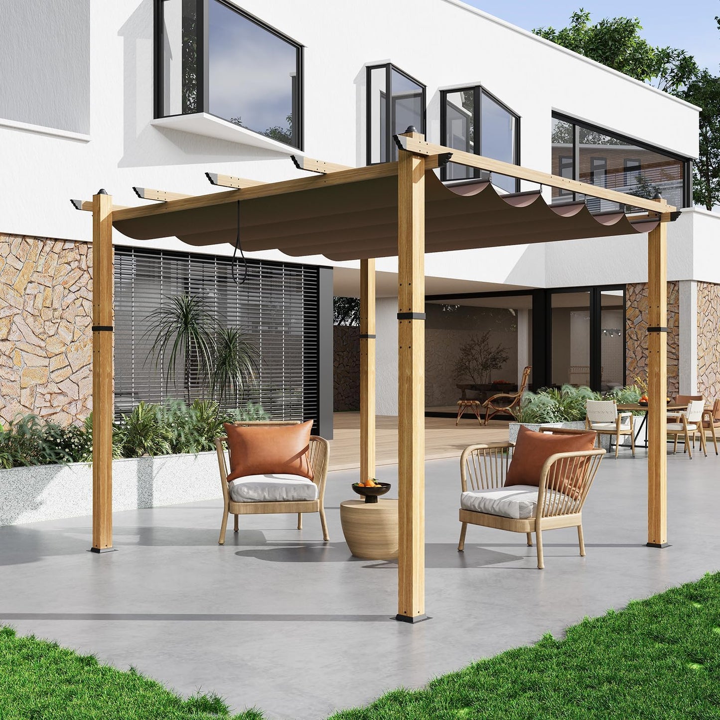 Modern 10x10FT Aluminum Pergola Outdoor Pergola Gazebo, Retractable Sun Shade, Faux Woodgrain, Pergolas for Patios, Deck, Garden, Easy Setup, All-Weather Trellis,Khaki, Imitation Wood Grain Column