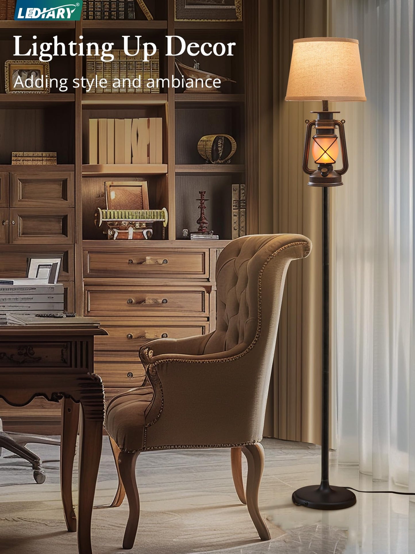 LEDIARY LED Flashing Flame Lantern Floor Lamp, Rustic Bronze, Beige Linen Shade, Ideal for Living Room and Bedroom Decor