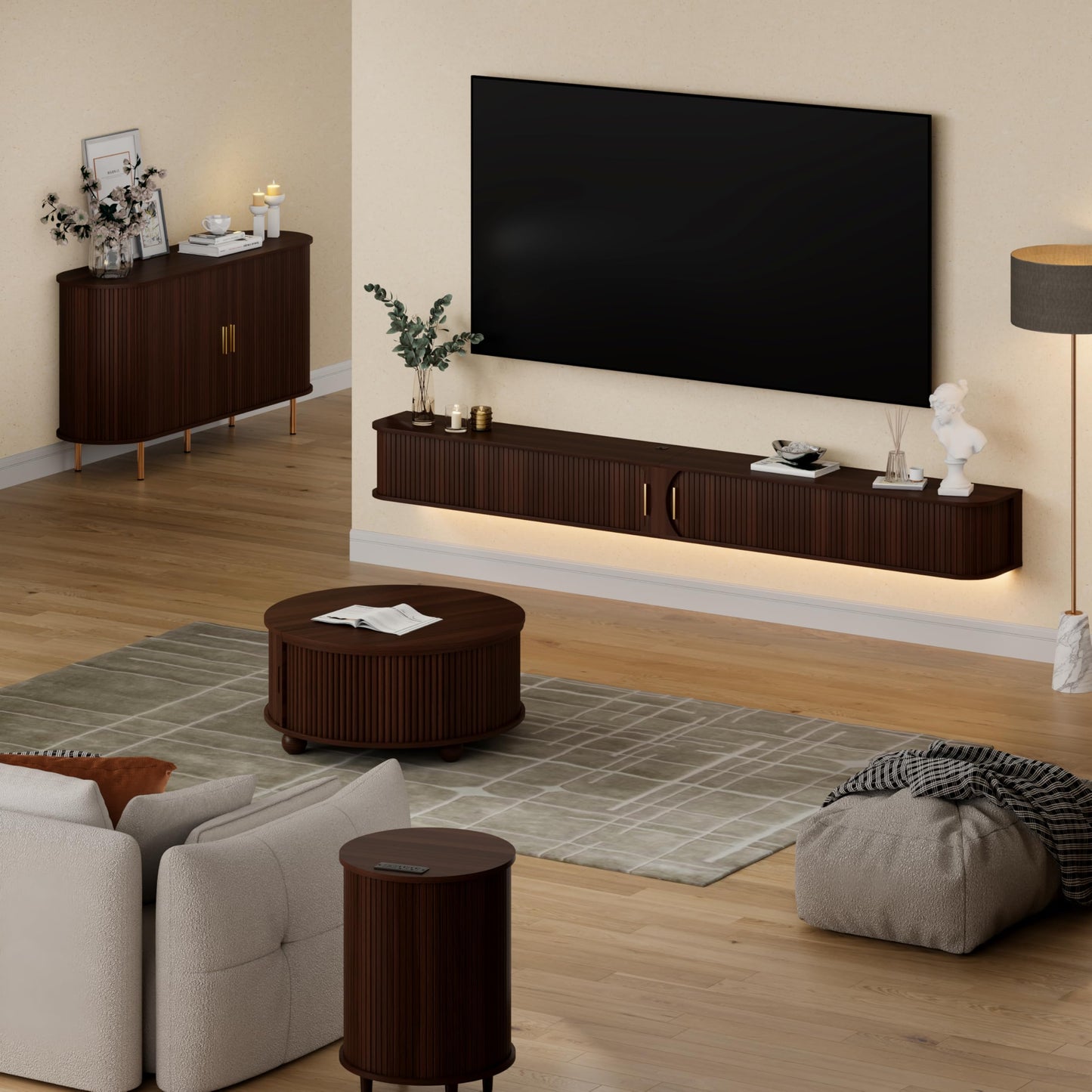 DHH 94.8" Floating TV Stand with Power Outlet for TVs up to 100", Mid Century Modern TV Console with RGB LED Lights, Fluted Entertainment Center with Sliding Door for Living Room, Bedroom (Walnut)