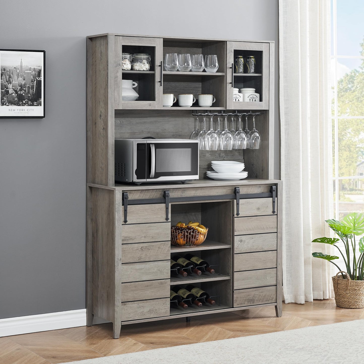 GarveeHome 70 in Tall Farmhouse Coffee Bar Cabinet, Kitchen Hutch Storage with Sliding Barn Door, Kitchen Buffet with Wine Rack, Glass Holder, Wine Bar Cabinet for Dining Room, Living Room, Gray