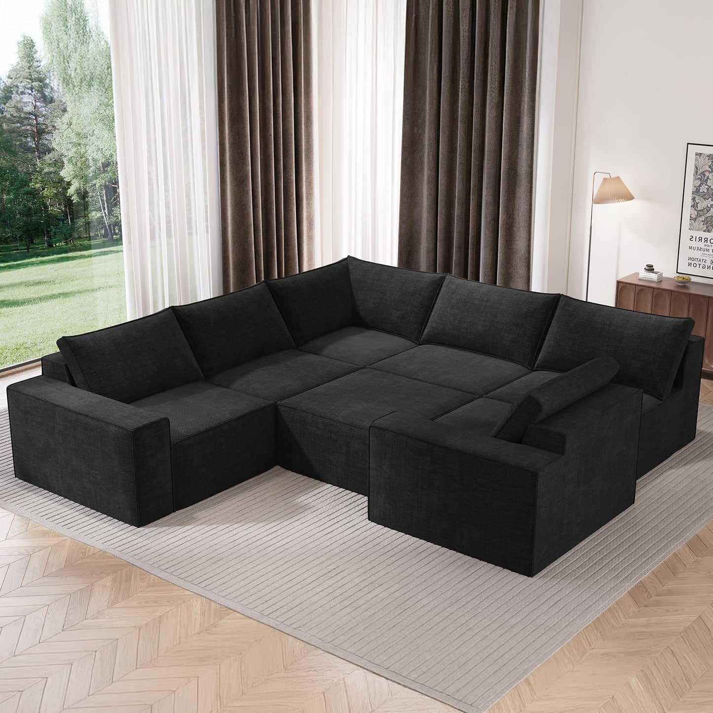 Vesgantti 143.7" Oversized Boneless Couch, Modern 7 Seater Modular Sectional Sofa with Deep Seat, Convertible Chenille Cloud Couches for Living Room, No Assembly Required, Black