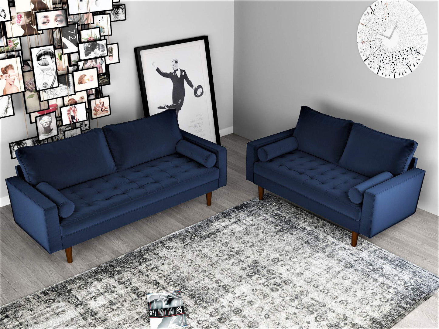 Container Furniture Direct Womble 58 Inch Velvet Loveseat Sofa with Elegant Button Tufted Upholstery, Square Arms, Splayed Wood Legs, Includes Matching Bolster Pillows, Denim Blue