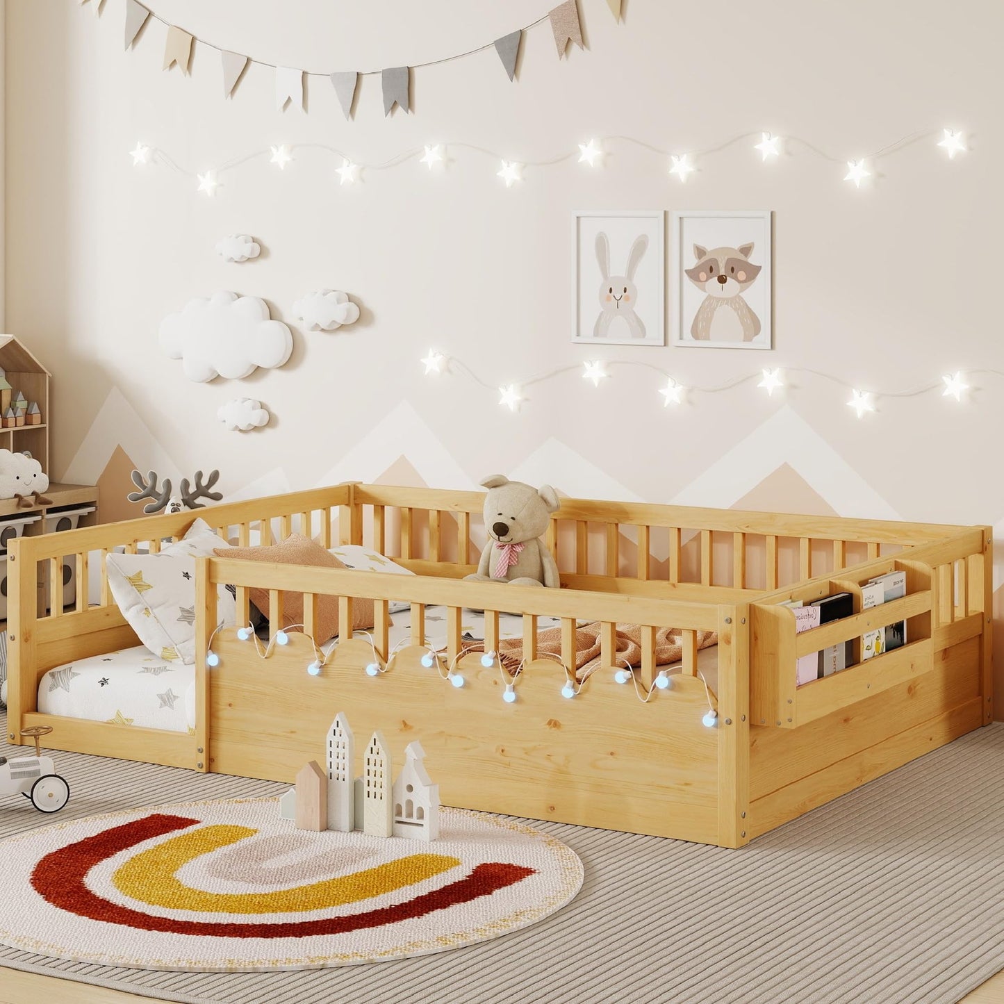KEIKI Full Size Floor Bed w/Light & Storage, Wood Montessori Platform Bed Frame w/Safety Rails, Space Saving Kids Beds for Boys Girls Bedroom Playing Room, Easy Assembly Bedframe, Noise Free, Brown