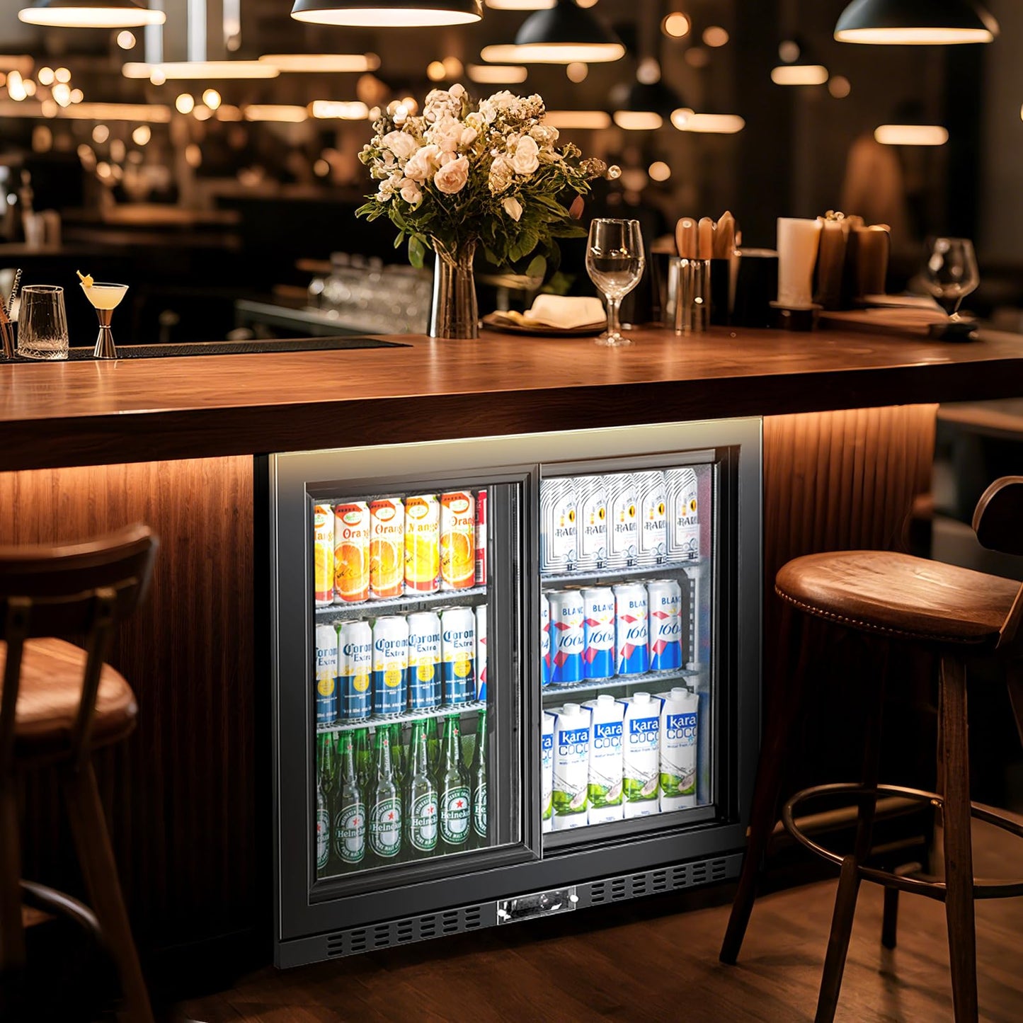 BINGERMA Back Bar Cooler with 2 Glass Sliding Doors 7.4 Cu.ft. ETL Commercial Beverage Refrigerator Black Drink Fridges for Beer, Wine,Soda, Drinks