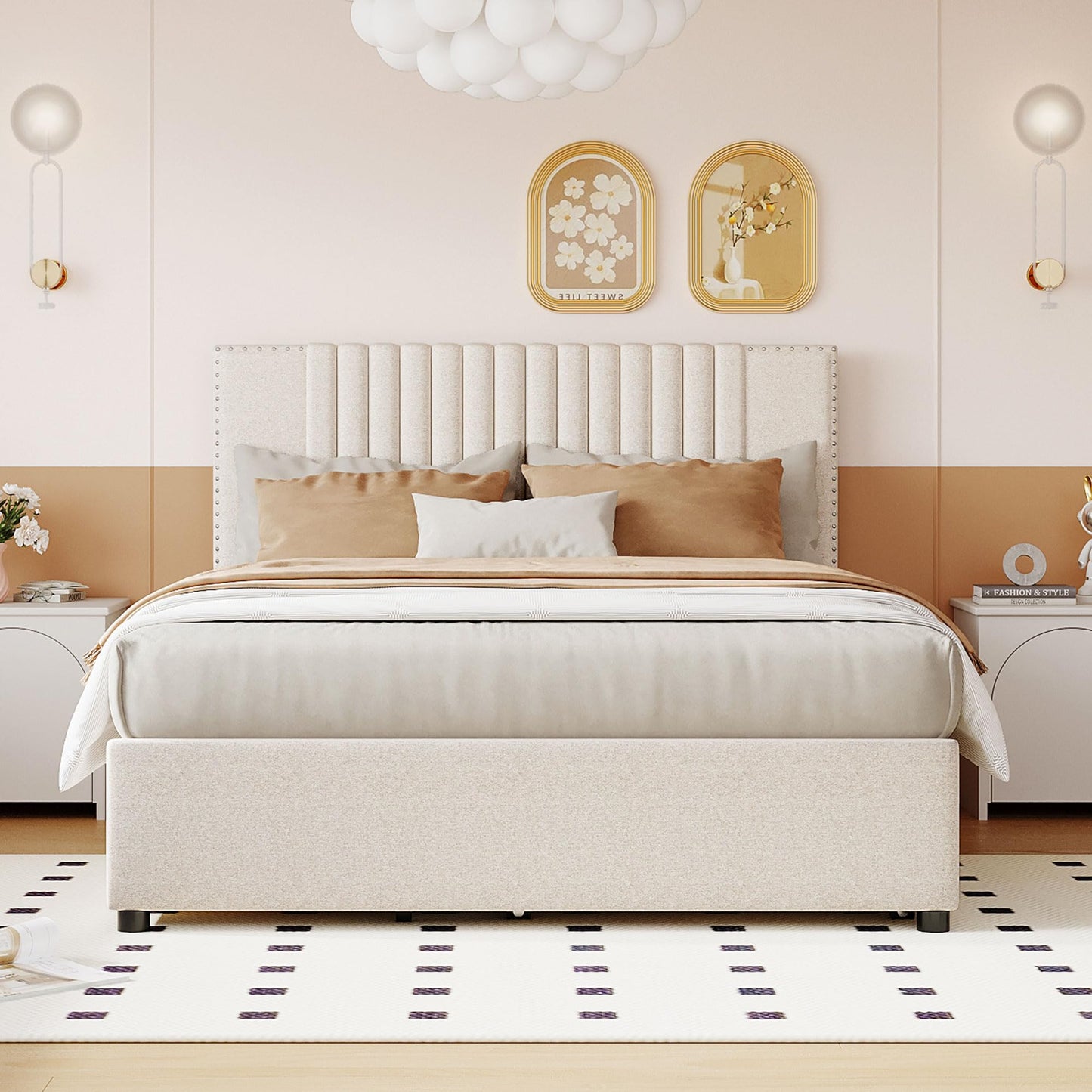 DNYN Full Size Upholstered Platform Bed with Trundle(Twin) & 2 Drawers for Kids Bedroom,Wooden Linen Fabric Bedframe w/Storage & Classic Heardboard,No Box Spring Needed, Beige