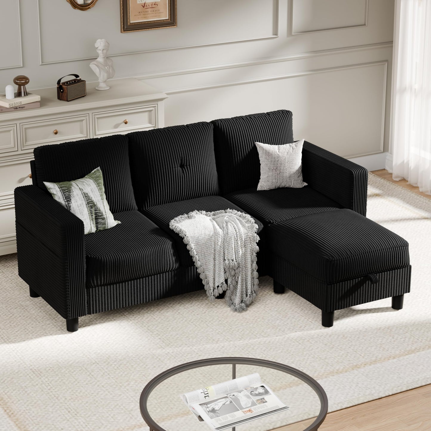 SUNLEI Convertible Sectional Couch Sofa for Small Spaces, L Shaped Modular Sofa with Removable Ottoman Storage, 3 Seat Modern Small Couches for Living Room in Apartment, Jet Black