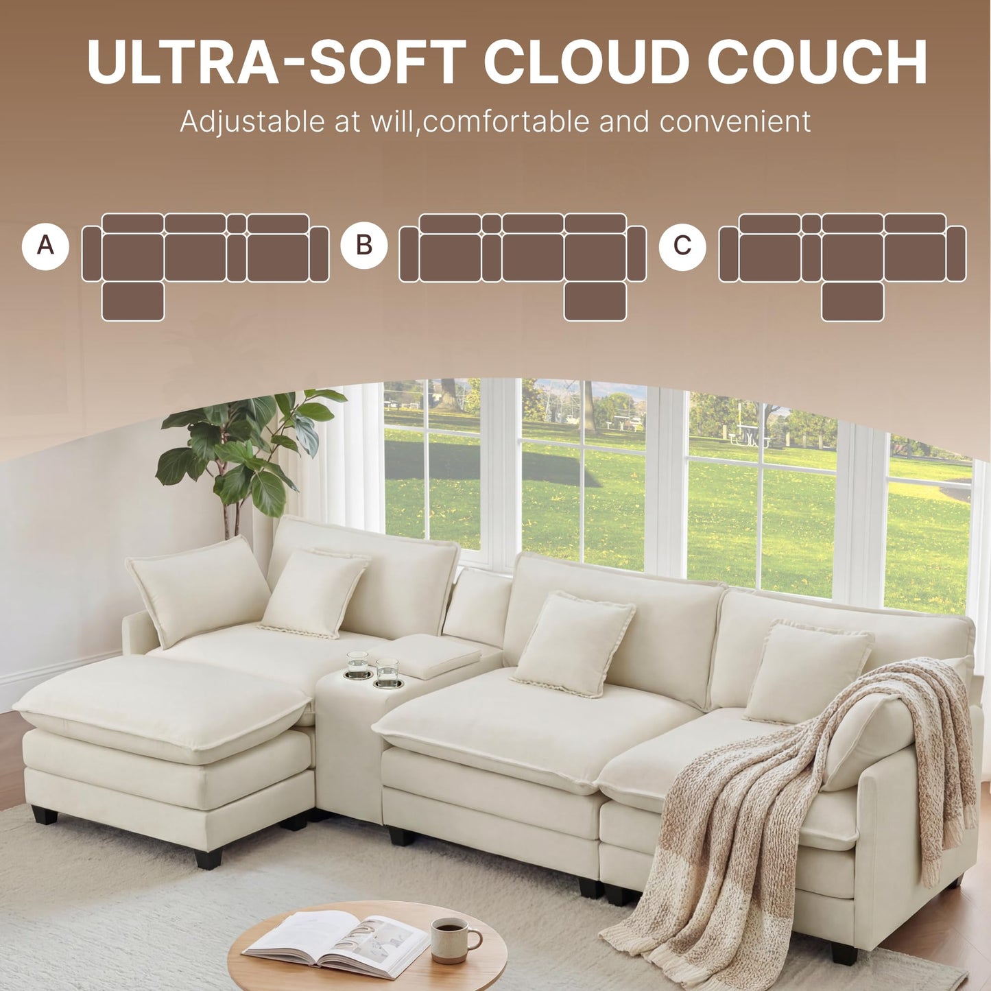122" Oversized Modular Sectional Sofa with Storage Console,L-Shaped Cloud Couch with Movable Ottoman,Deep Seat,Thick Cushions, Multi Functional Console with USB & 2 Cup Holder,Sofa Set for Living Room