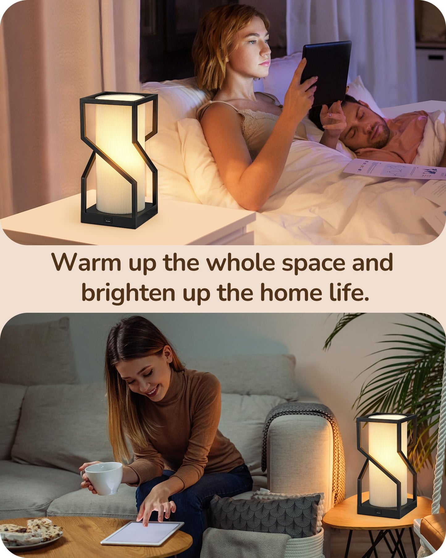 EDISHINE Modern Table Lamp with Touch Control, USB Port, 9W Dimmable Bulb, White Pleated Shade