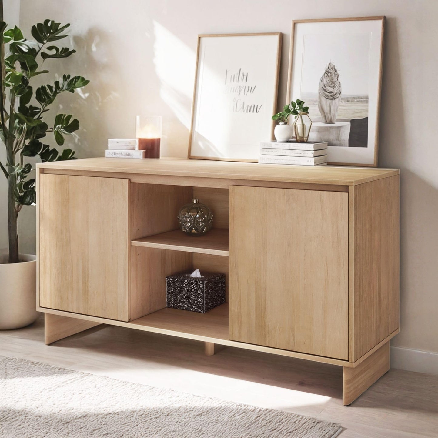 Plank+Beam 59" Modern Sideboard Cabinet, Solid Pine Wood Buffet Table with 2 Doors & Open Shelf, Storage Console for Dining Room or Entryway, Blonde Finish