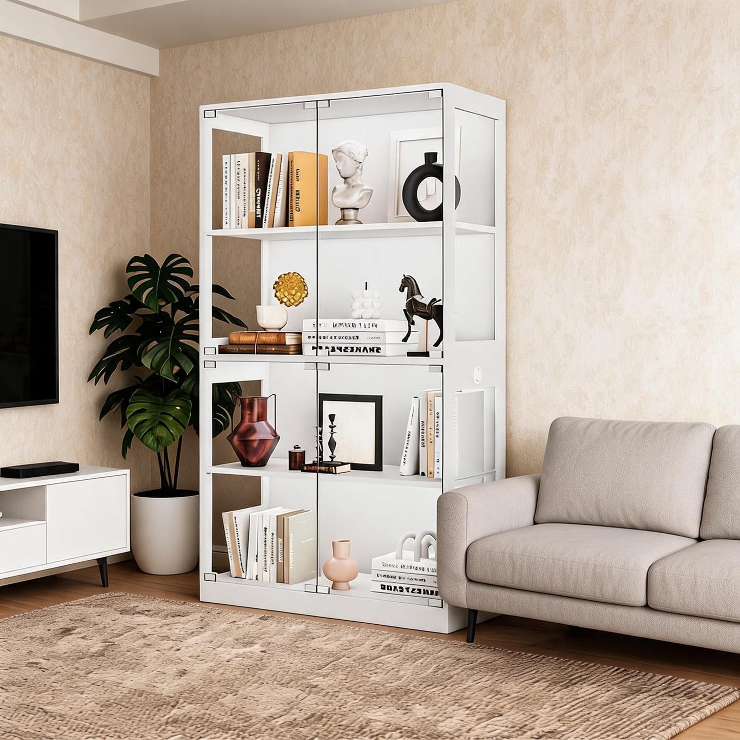 GarveeHome Display Cabinet with Glass Doors, 4 Tier Curio Cabinets with LED Lights & Charging Ports, Glass Display Case with Open Shelf & Human Body Sensor, Storage Showcase for Collectibles, White