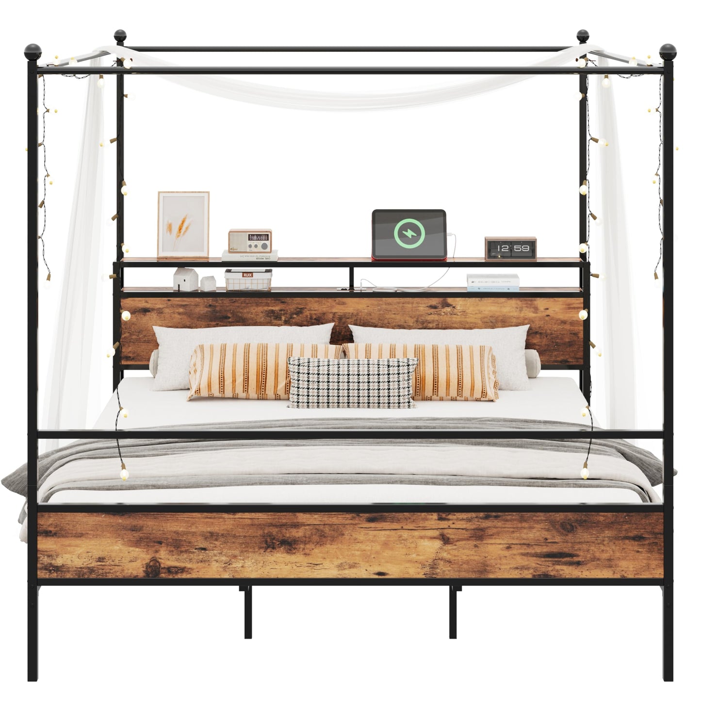 LIKIMIO Canopy Bed Frame King with Storage Headboard & Charging Station, Sturdy Metal Platform Bed with 4 Removable Posts, Dual Purpose Bed Frame, No Box Spring Needed, Noise Free