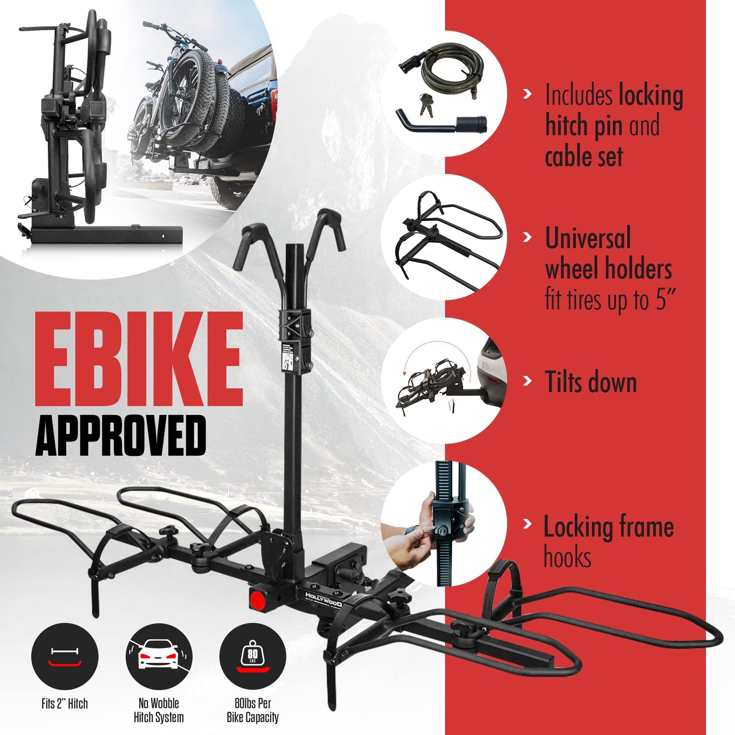 Hollywood Racks Sport Rider 2" Hitch Bike Rack, Carries 2 Bikes up to 80 lbs Each for Standard, Fat Tire and Electric Bicycles - Heavy Duty, Foldable Ebike Rack for Car, Truck, and SUV