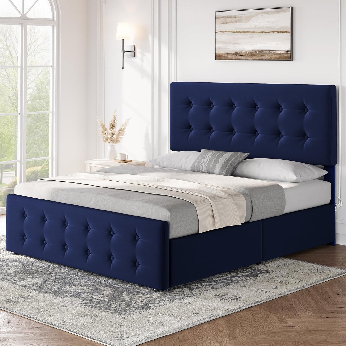 GAOMON Queen Size Bed Frame with 4 Drawers and Adjustable Headboard, Velvet Upholstered Platform Bed with Button Tufted Design, No Box Spring Needed, Strong Wooden Slats, Blue
