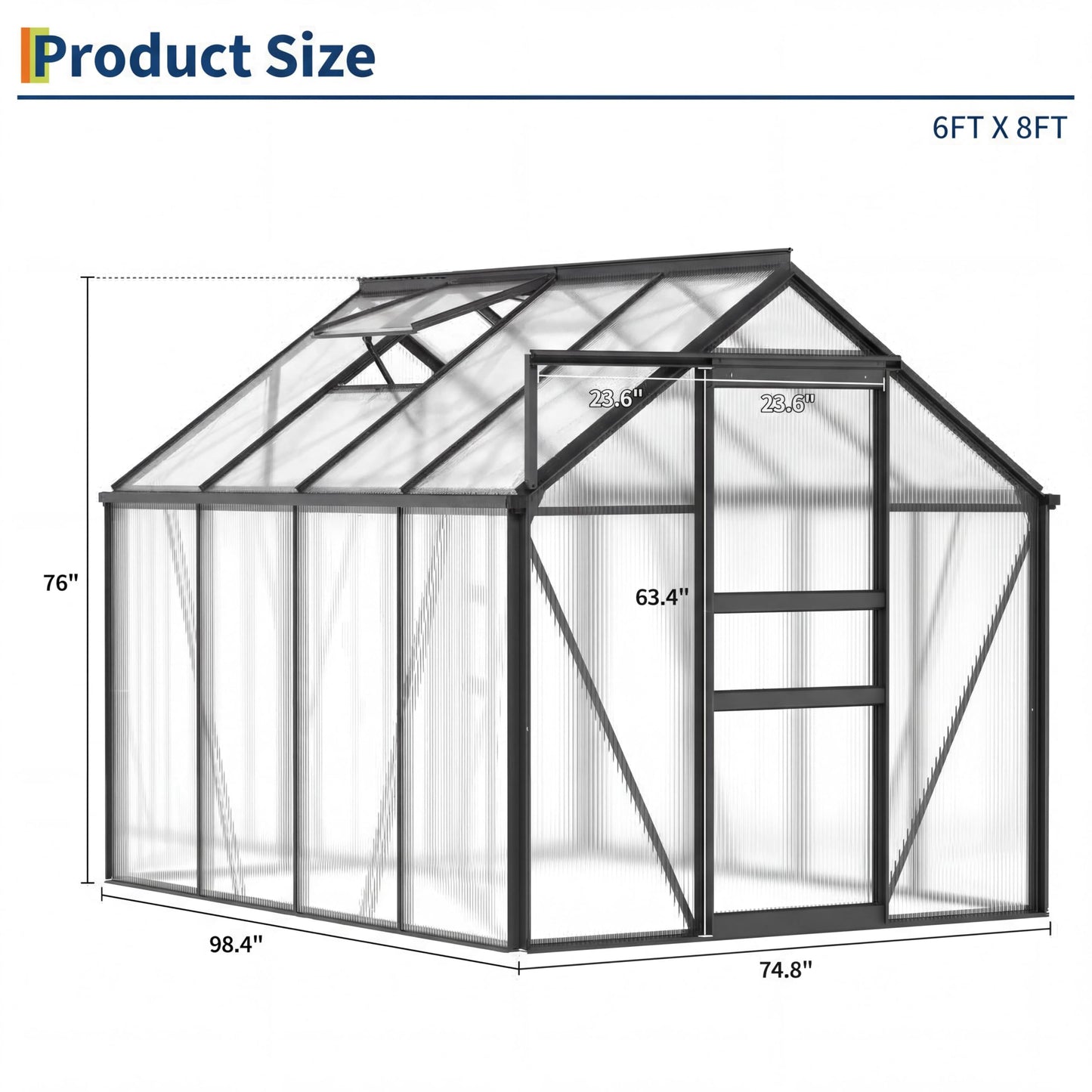 GarveeHome 6x8 FT Walk-in Polycarbonate Greenhouse - 76" High Reinforced Aluminum Frame with Base Kit, 4mm Double-Wall UV Protected Panels, 5-Position Adjustable Roof Vent & Sliding Door, 250 Cu.Ft