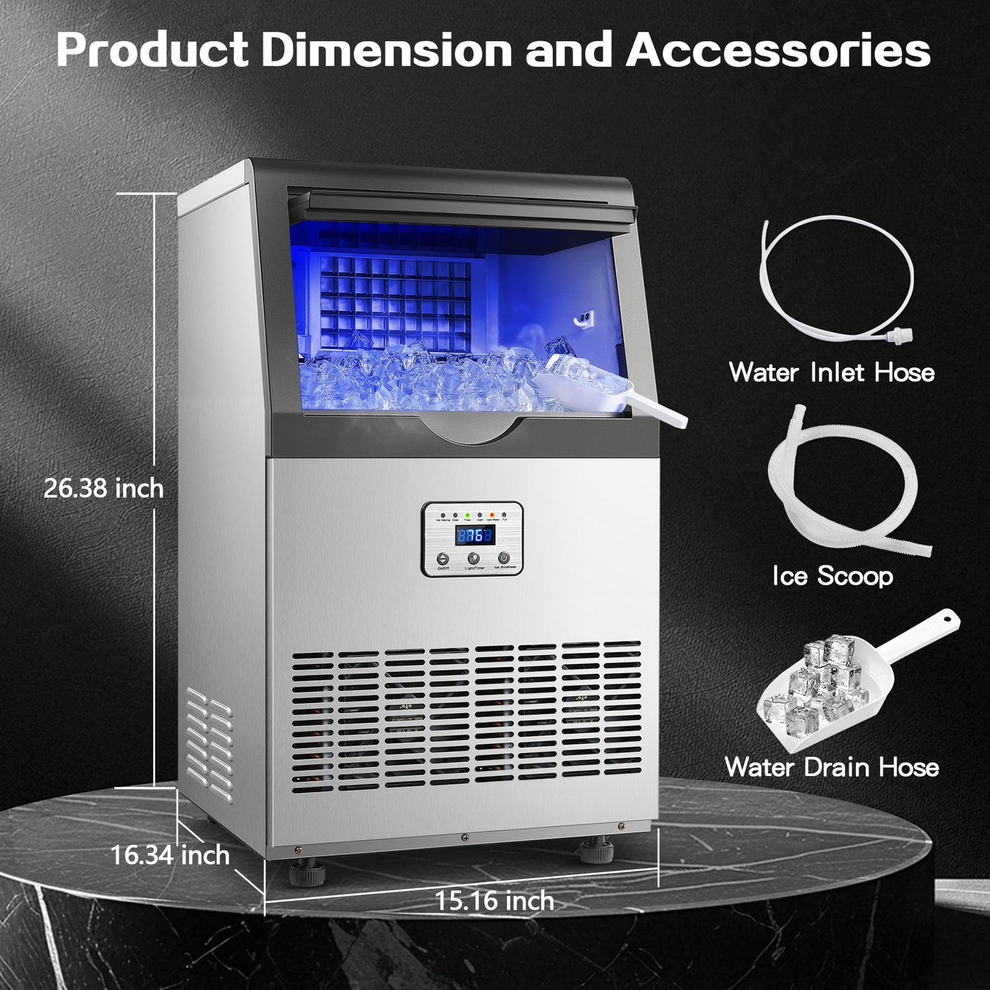 Amzgachfktch Commercial Ice Maker, 110lbs/24H Ice Maker Machine w/ 25 lbs Storage, 45 Ice Cubes in 12 Mins, Auto Self-Cleaning, Blue Light, Under Counter/Freestanding Ice Machine for Home Bar