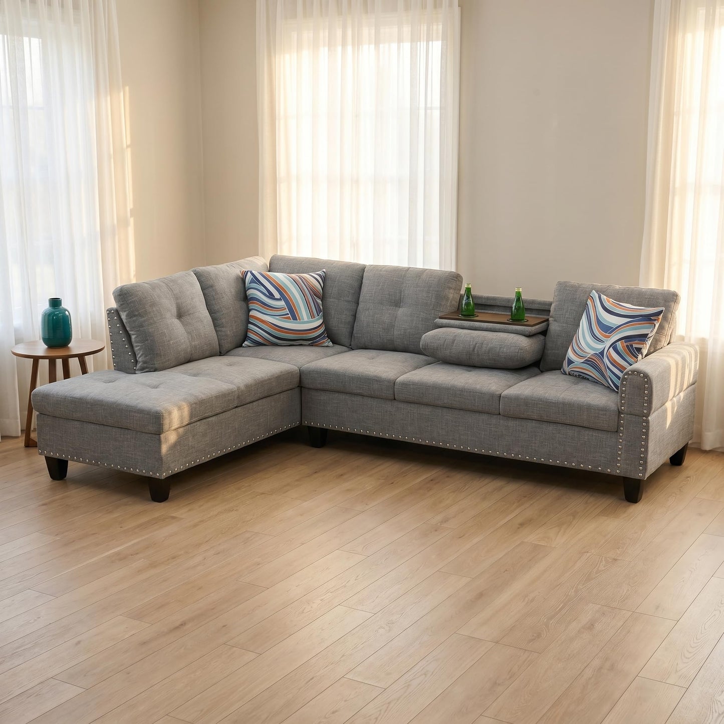 Trygoal L-Shaped Sectional Sofa, Modern 4-Seat Couch with Built-in Cup Holders, Upholstered Fabric Sectional Couch with Right Facing Chaise for Living Room, Apartment, Office, Brown Grey