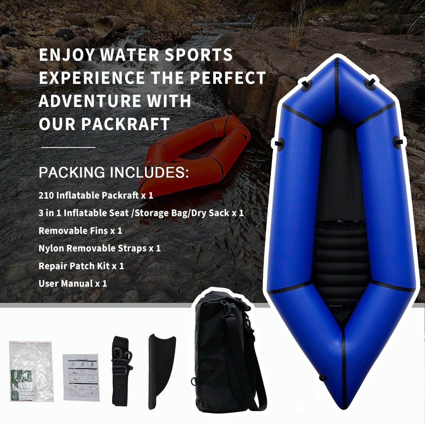 JUSTOOP Lightweight Packrafts, TPU Inflatable Packraft for Flat Water Rafting Camping Trip/Fishing/Water Adventures, Blue, 1 Person, 330lb Weight Capacity