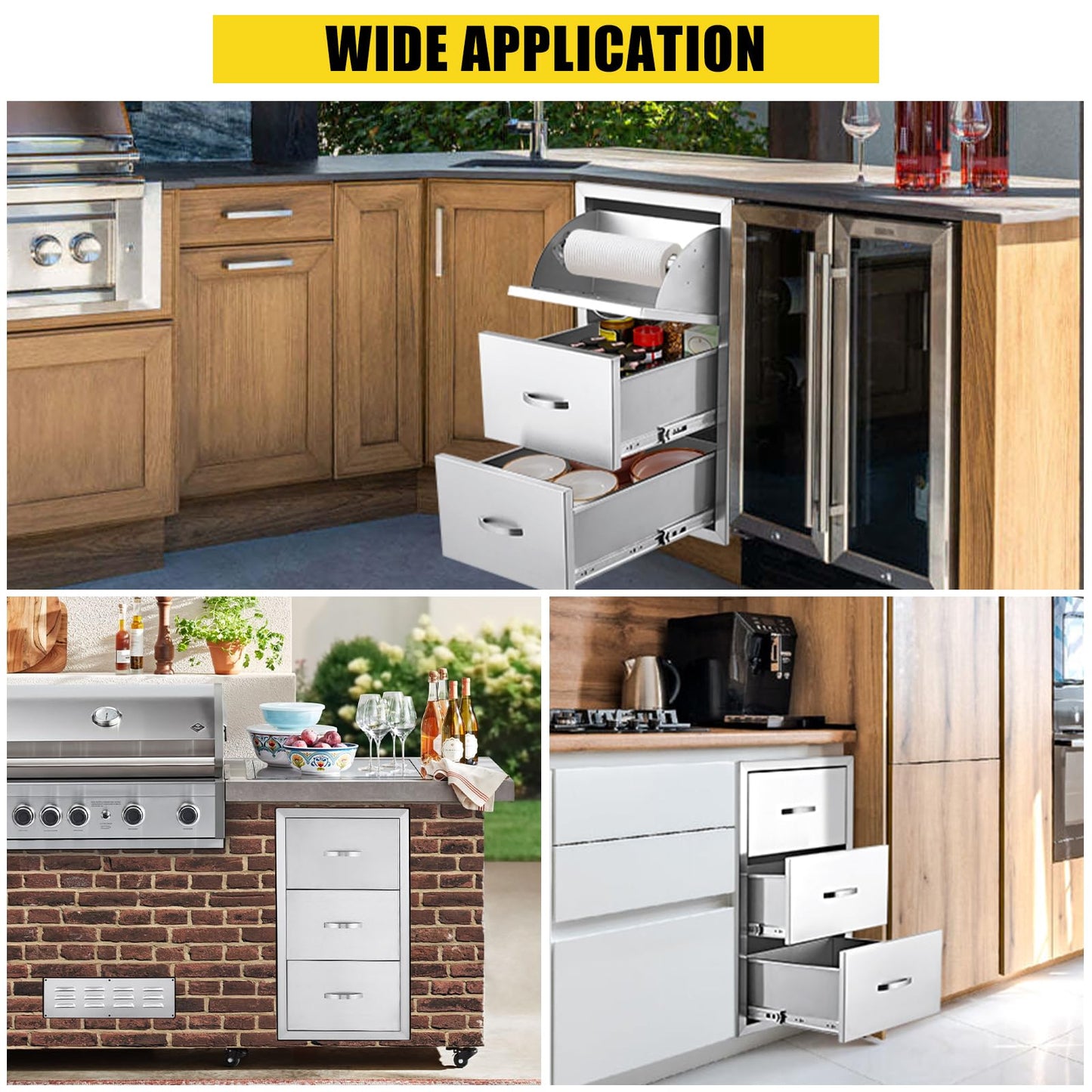 GarveeLife 17W x 30H x 21D Inch Outdoor Kitchen Drawers w/Paper Towel Holder, Stainless Steel Triple BBQ Drawers, Access BBQ Drawers for Outdoor Kitchen Island or Grill Station