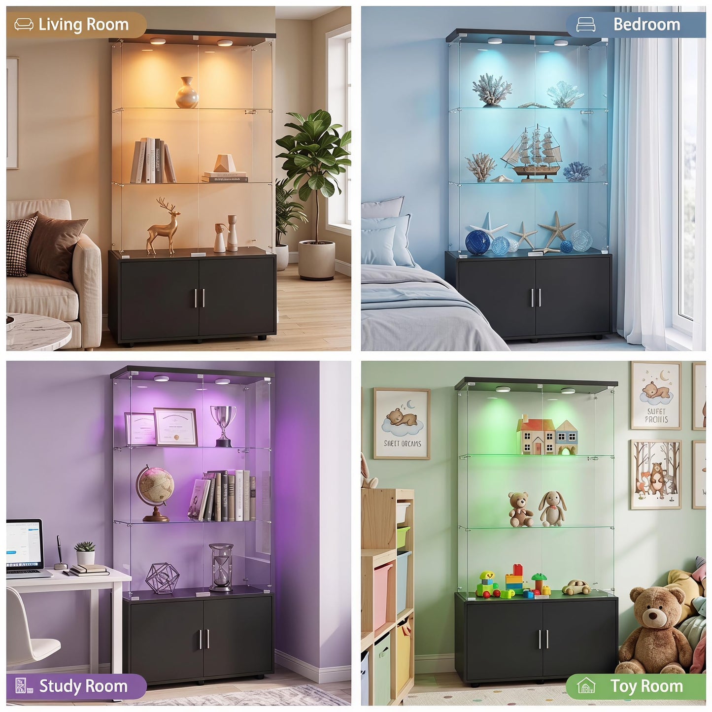 Zevemomo Tempered Glass Display Cabinet with Lights, Double Door, Black