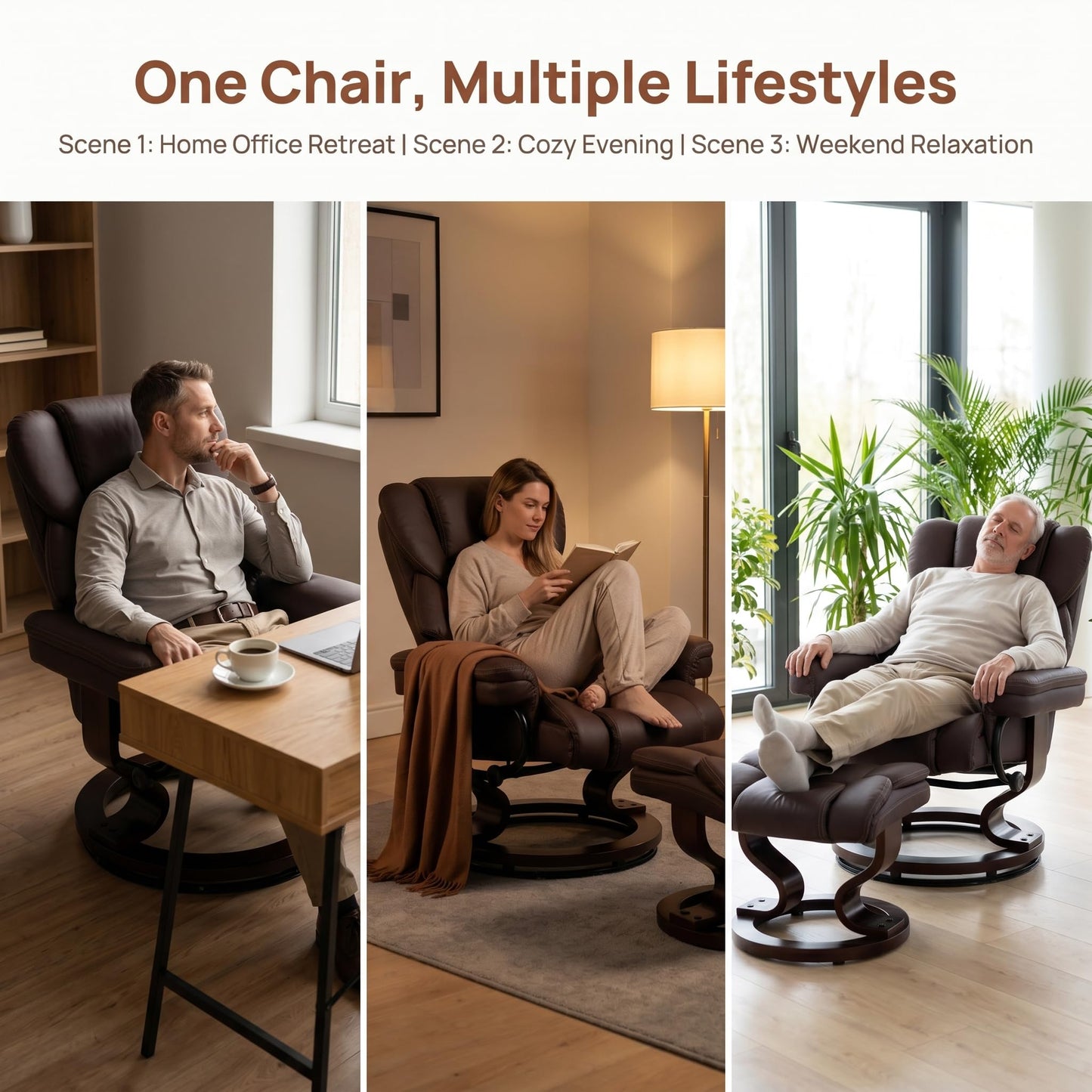 Trygoal Massage Recliner Chair with Ottoman, 360° Swivel Ergonomic Leather Reclining with 8 Vibration & Heating Points, 135° Lounge TV Chair with Bent Wood Base for Living Room and Bedroom, Brown