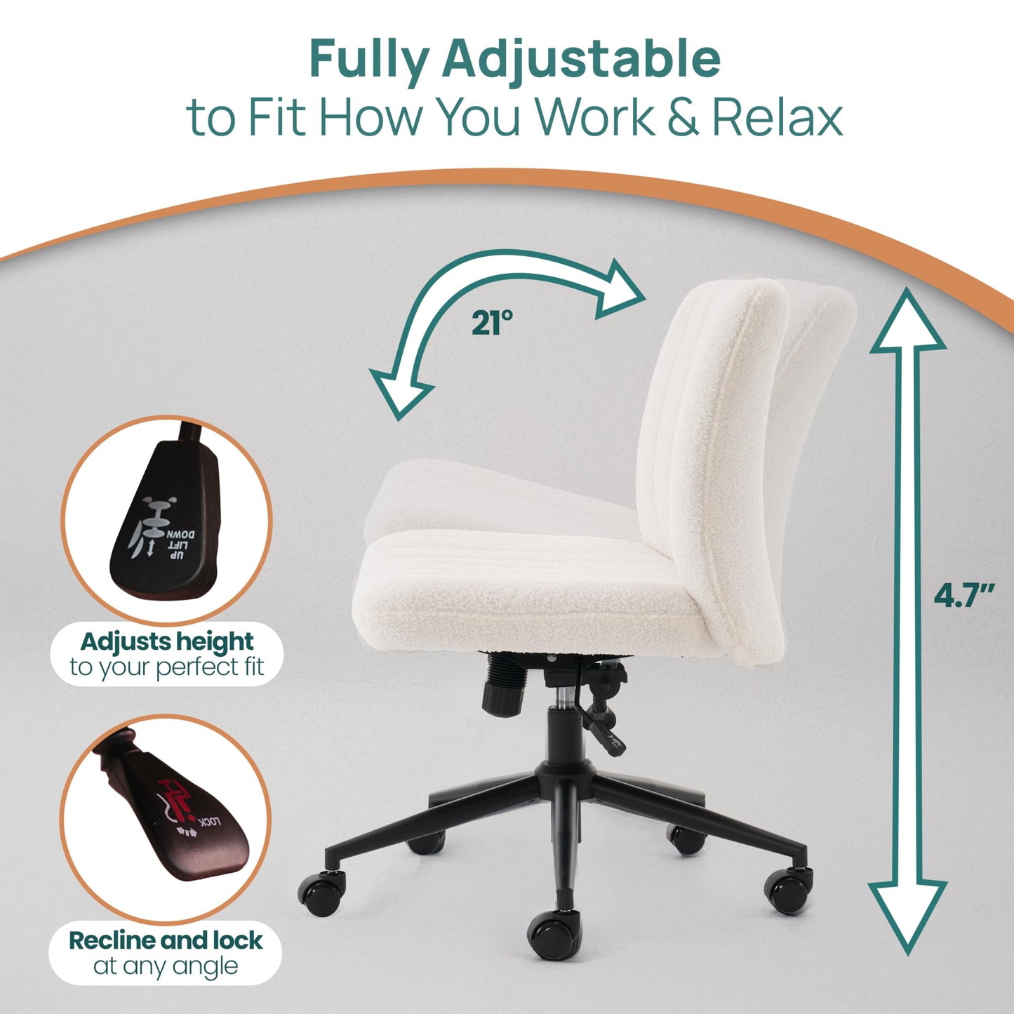 NYPOT Armless Desk Chair with Wheels for Criss Cross Sitting - Cross Legged Wide Armless Chair - Adjustable Vanity 360° Swivel Stool and 120° Rocking Wide Seat Comfy for Home and Office, White Sherpa