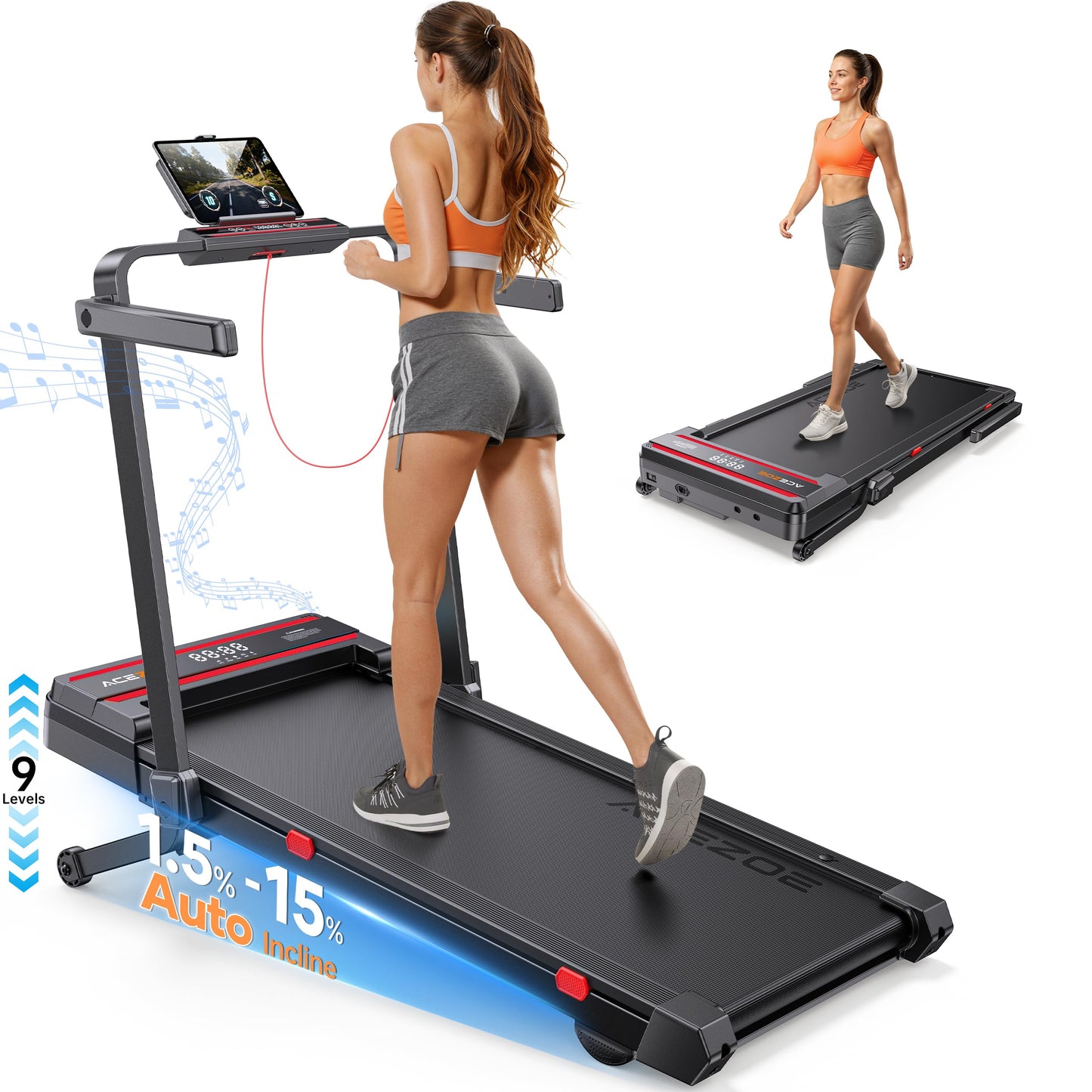 Foldable Walking Pad with 0-15% 9-Levels Auto Incline and Handle Bar, Under Desk Treadmill with 300LBS Weight Capacity, 3.0HP Quiet Treadmills for Home with Speaker, APP & Remote Control - Red