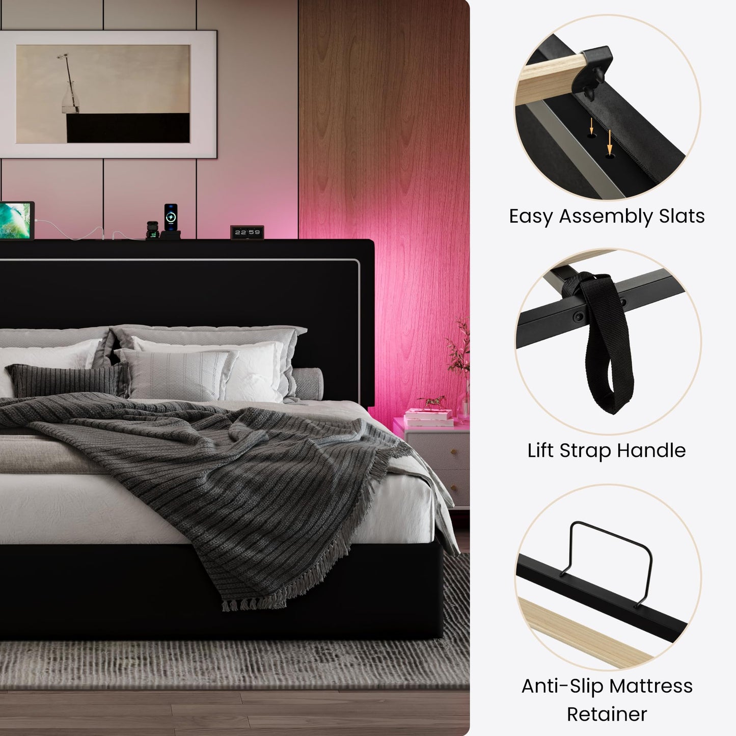 SHA CERLIN King Size Hydraulic Lift-Up Storage Platform Bed Frame with Charging Station, RGB LED Lights, Adjustable Velvet Headboard, USB-A and USB-C Ports, No Box Spring Needed, Black