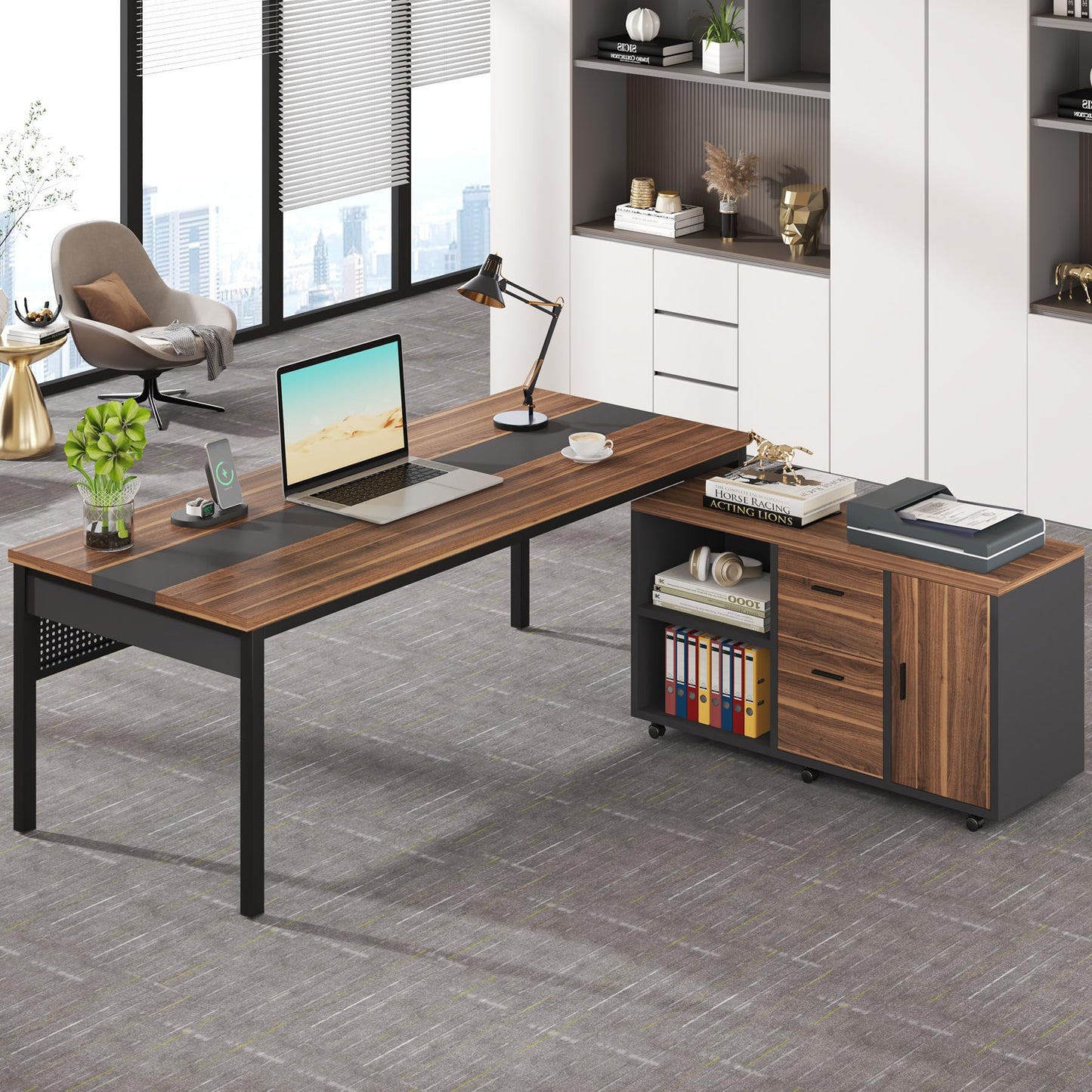Tribesigns 71 Inch Executive Desk, L-Shaped Desk with Mobile File Cabinet, Executive Office Table with 2 Drawers and Storage Shelves, Business Furniture Workstation for Home Office, Walnut and Black