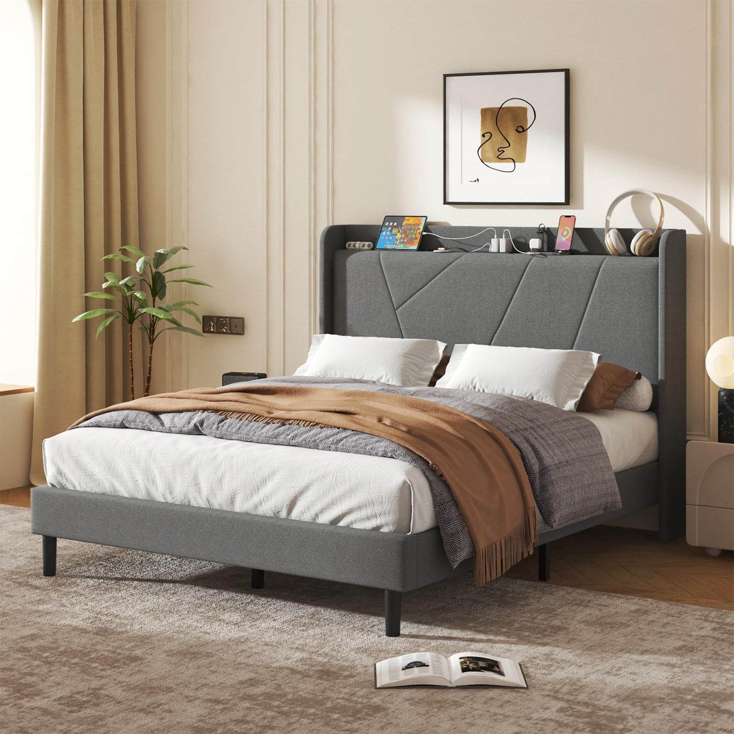 Queen Size Linen Bed Frame, Storage Headboard with Charging Station, Upholstered Platform Bed with Wooden Slats Support, Solid and Stable, Noise Free, No Box Spring Needed, Easy Assembly, Gray