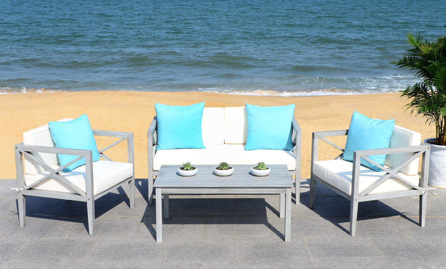 Safavieh PAT7031A Collection Nunzio Teak and White and Navy 4 Pc Accent Pillows Outdoor Set