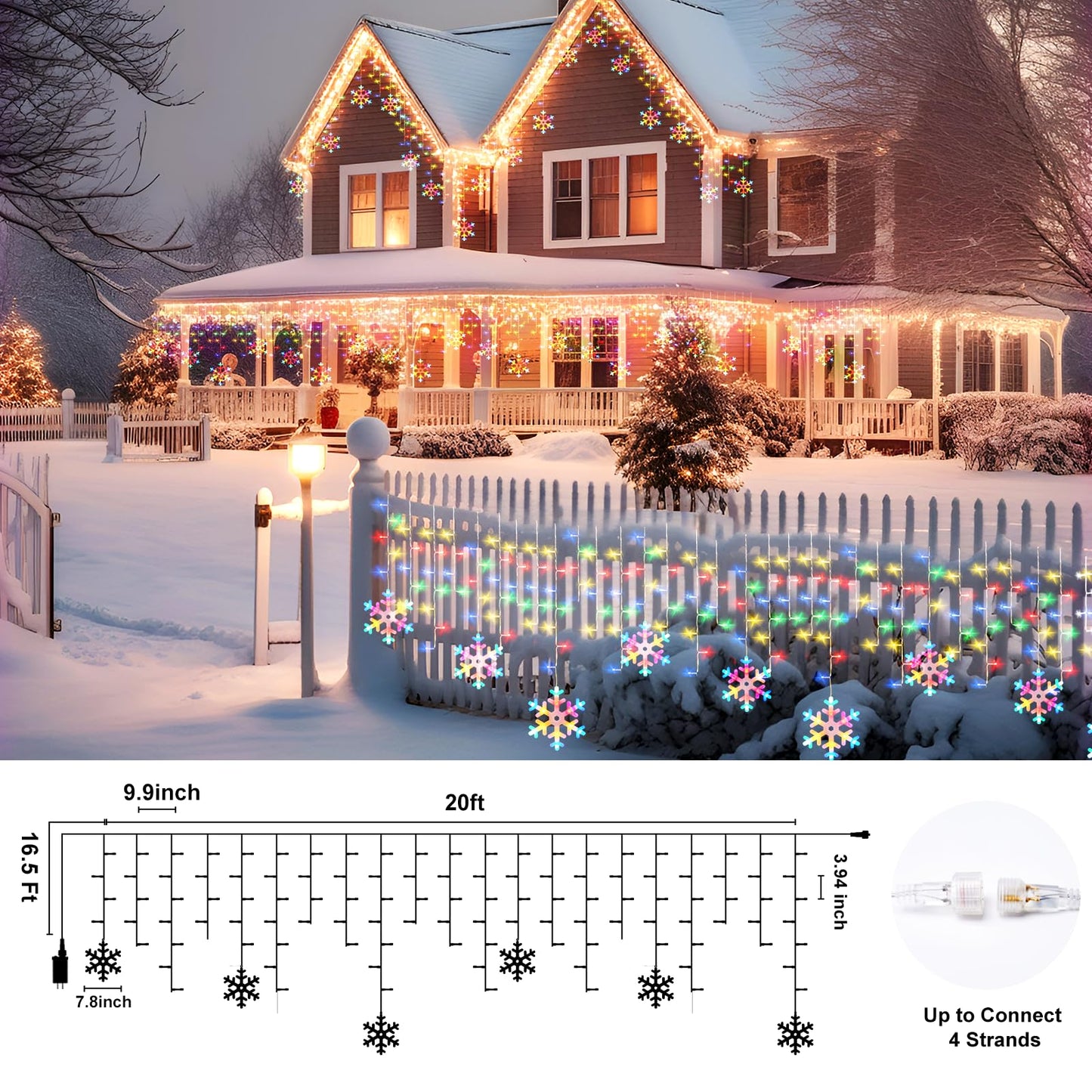 Minetom Christmas Icicle Lights, 200 LED, 20FT, Multicolor, 8 Modes, Timer, Model DMO-I-50~1200