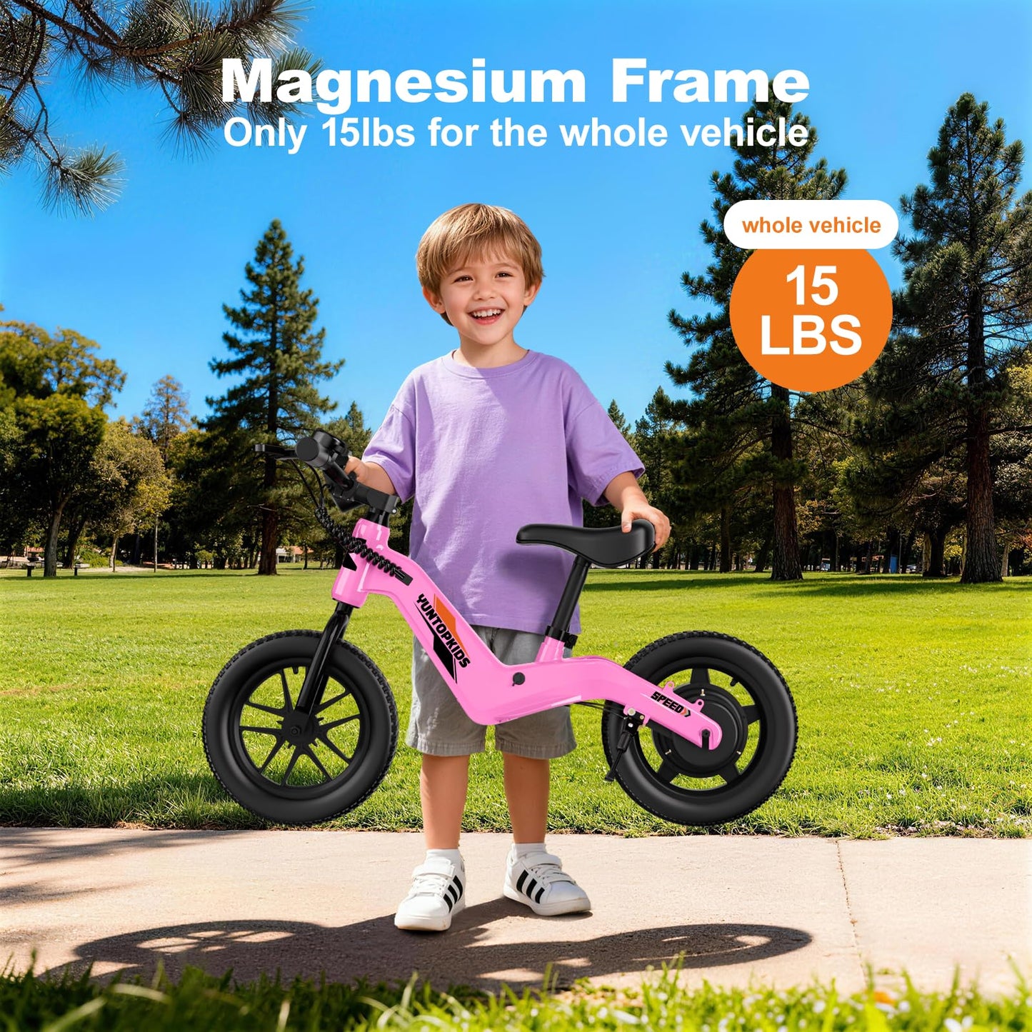 YunTopKids 24V Electric Balance Bike for Kids Ages 3-5, 12" Pneumatic Tires, Safe Kick-to-Start, 3 Speeds Up to 9.3 MPH, 180W Motor, LCD, Quick Charging, LED Lights (Pink)
