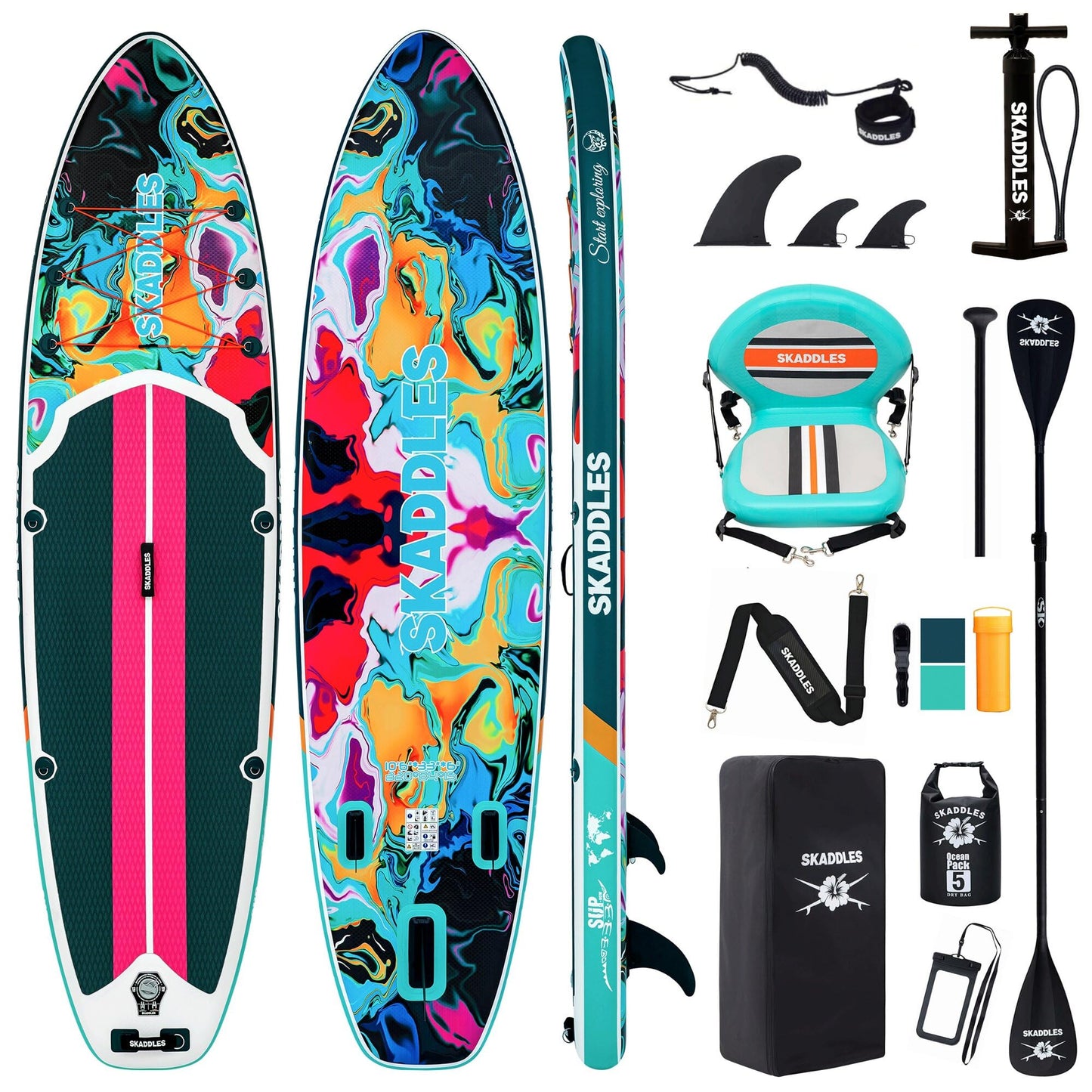 SKADDLES 10’6’’ Inflatable Stand Up Paddle Board (SUP) for Adults and Youth with Non-Slip Deck – Complete Accessories Kit, for Fishing, Yoga, Fitness & Family Fun (Paintide/seat)