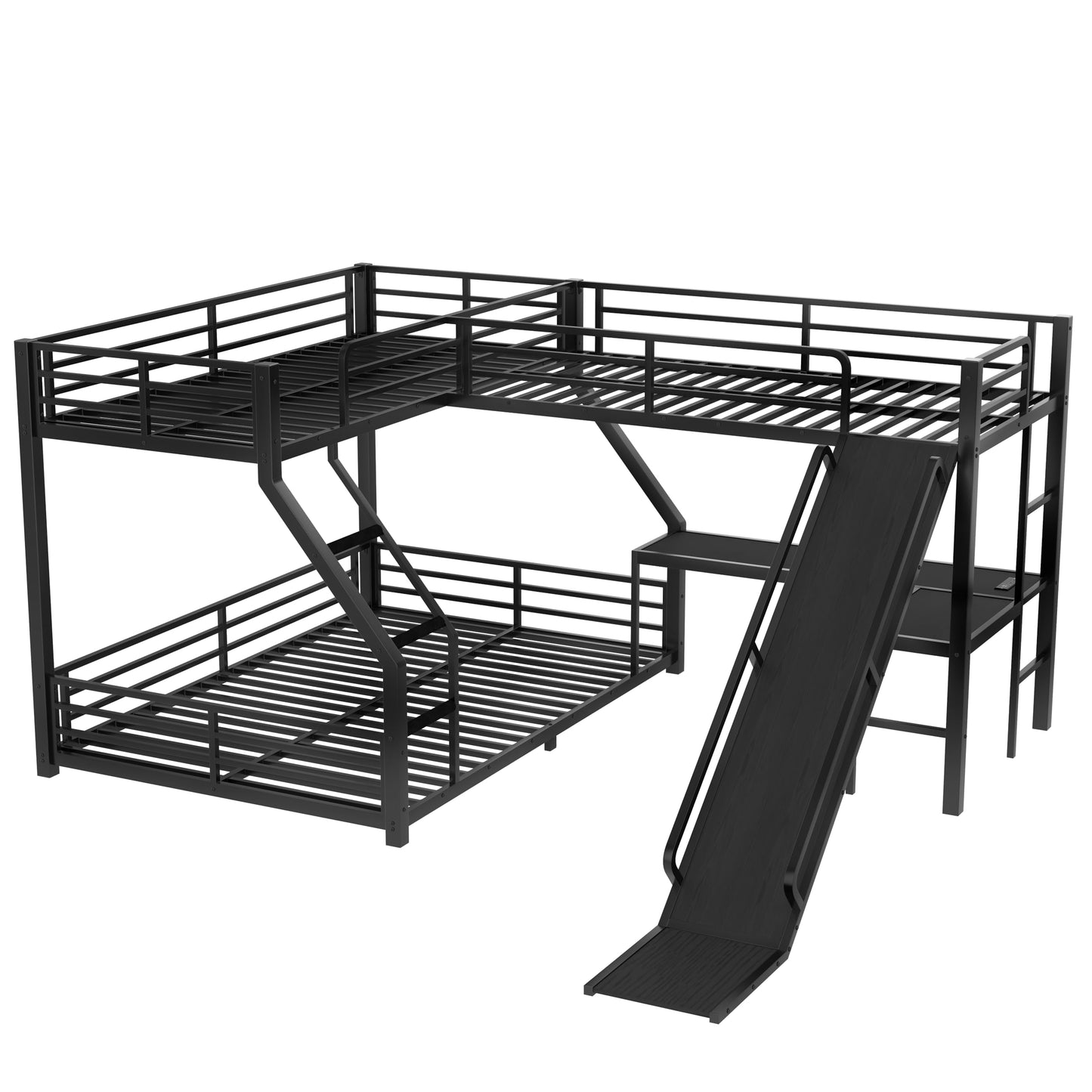 Metal Twin XL Over Queen Bunk Beds with Twin Loft Beds, Heavy Duty Triple Bunk Bed Frame with Slide and Desk,L-Shaped Triple Bunk Beds with Charging Station for 3 Kids,Black