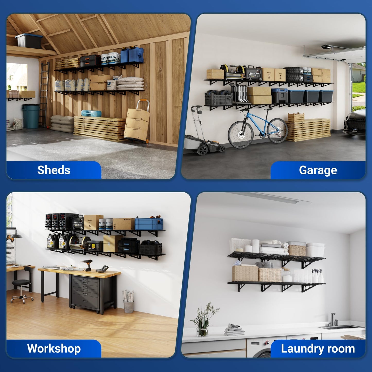 FLEXIMOUNTS 4-Pack 2x4ft 24-inch-by-48-inch Wall Shelf Garage Storage Rack Wall Mounted Floating Shelves, Total 1200lbs Capacity, Black, Classic Series