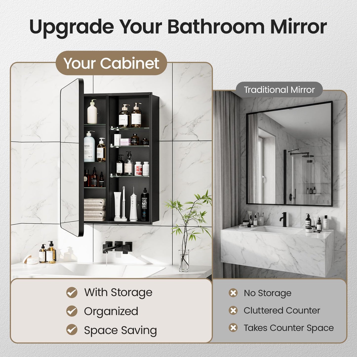 GoTiling Bathroom Medicine Cabinet with Mirror, 20x30 Inch Recessed or Surface Mount Wall Organizer, Fits Tall Bottles, 6 Adjustable Glass Shelves, Soft Close DTC Hinges, Matte Black, Pre-Assembled
