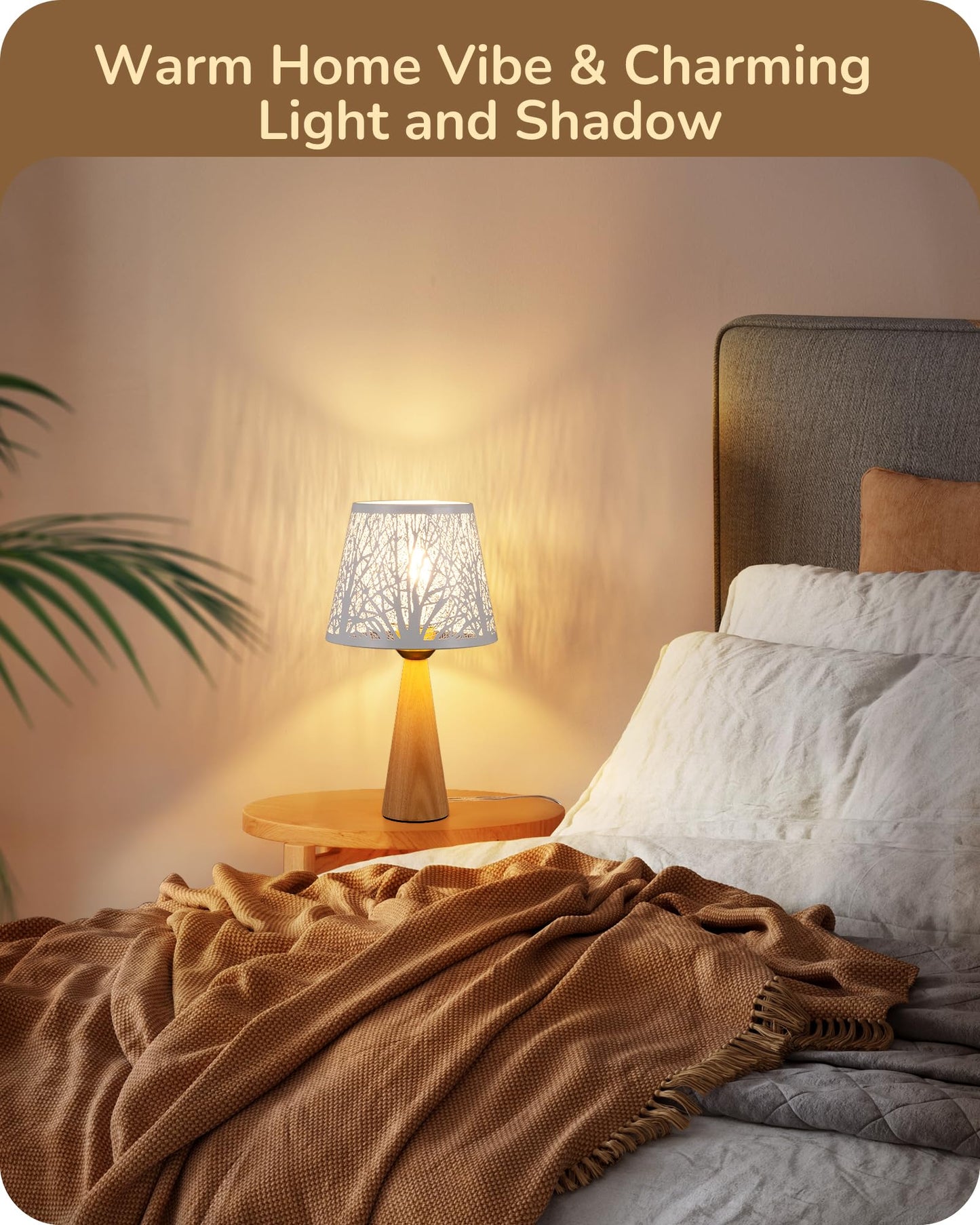 EDISHINE Small Table Lamp, Wooden Bedside Lamp with Iron Lampshade, Light Wood Color, E26 Socket, ON-Off Switch
