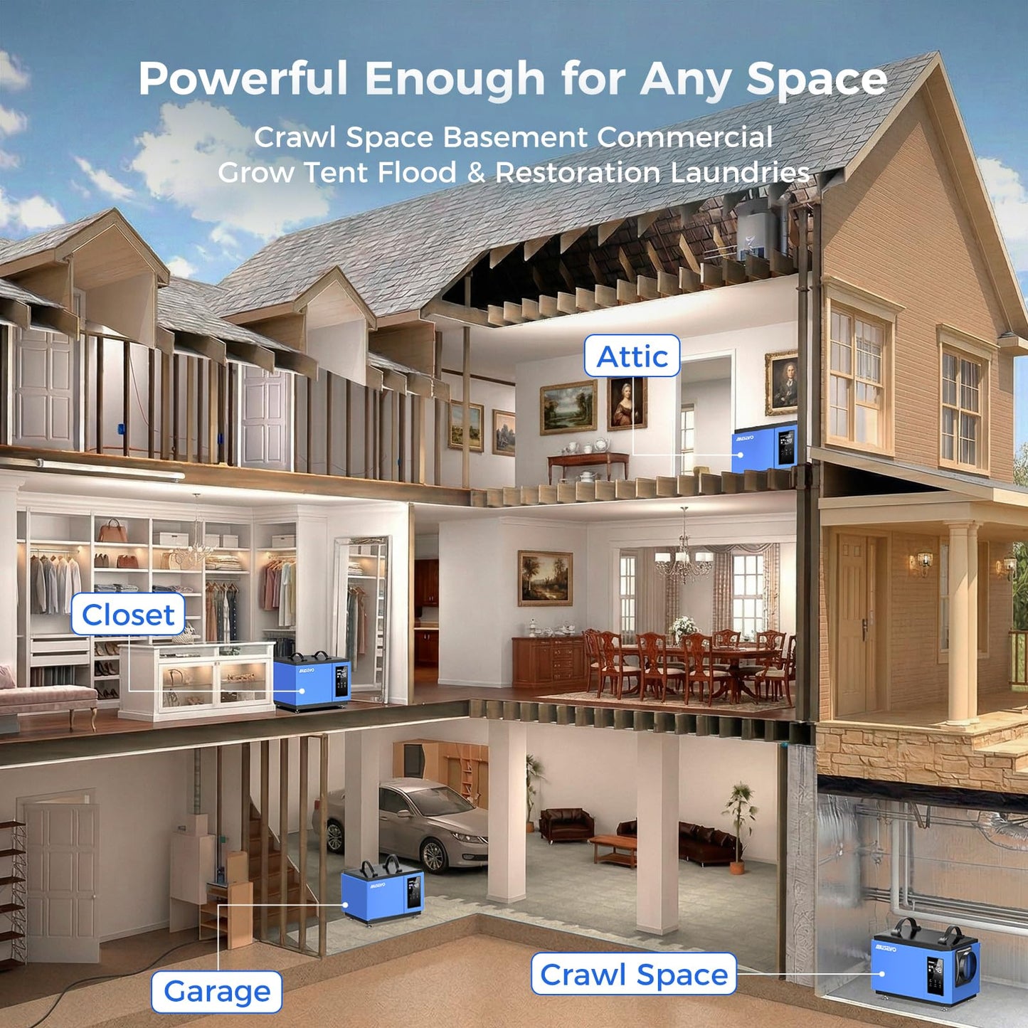 130 Pints Commercial Dehumidifier with Pump and Drain Hose, Crawl Space Dehumidifier for Basement up to 65,00 Sq. Ft for Water Damage, Attic, Garage, Industrial, Auto Defrost, Humidity Control