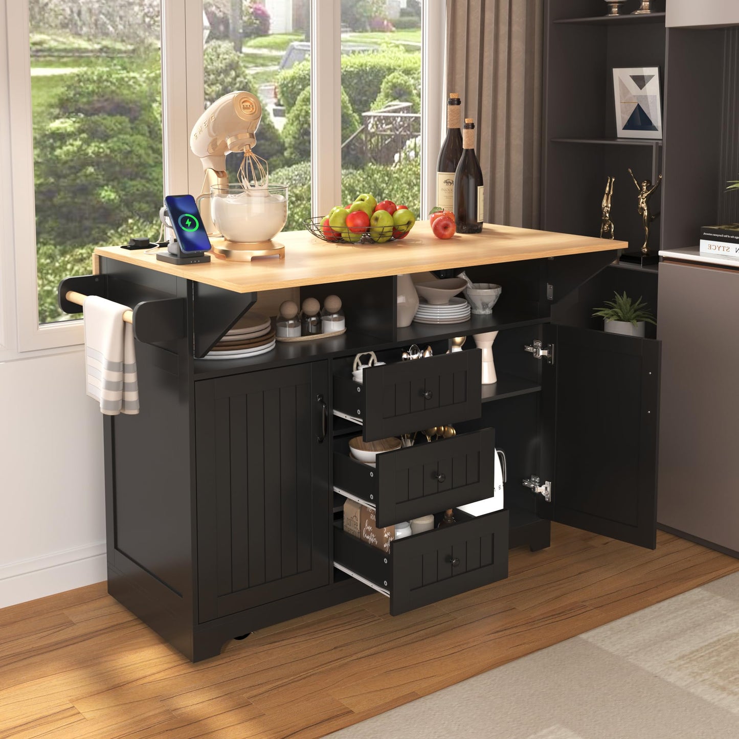 Merax 55.7" Upgraded Large Kitchen Cart Island on Wheels with 2 Drop Leaf,Power Outlet,3 Drawers,Wood Frame Storage Cabinet