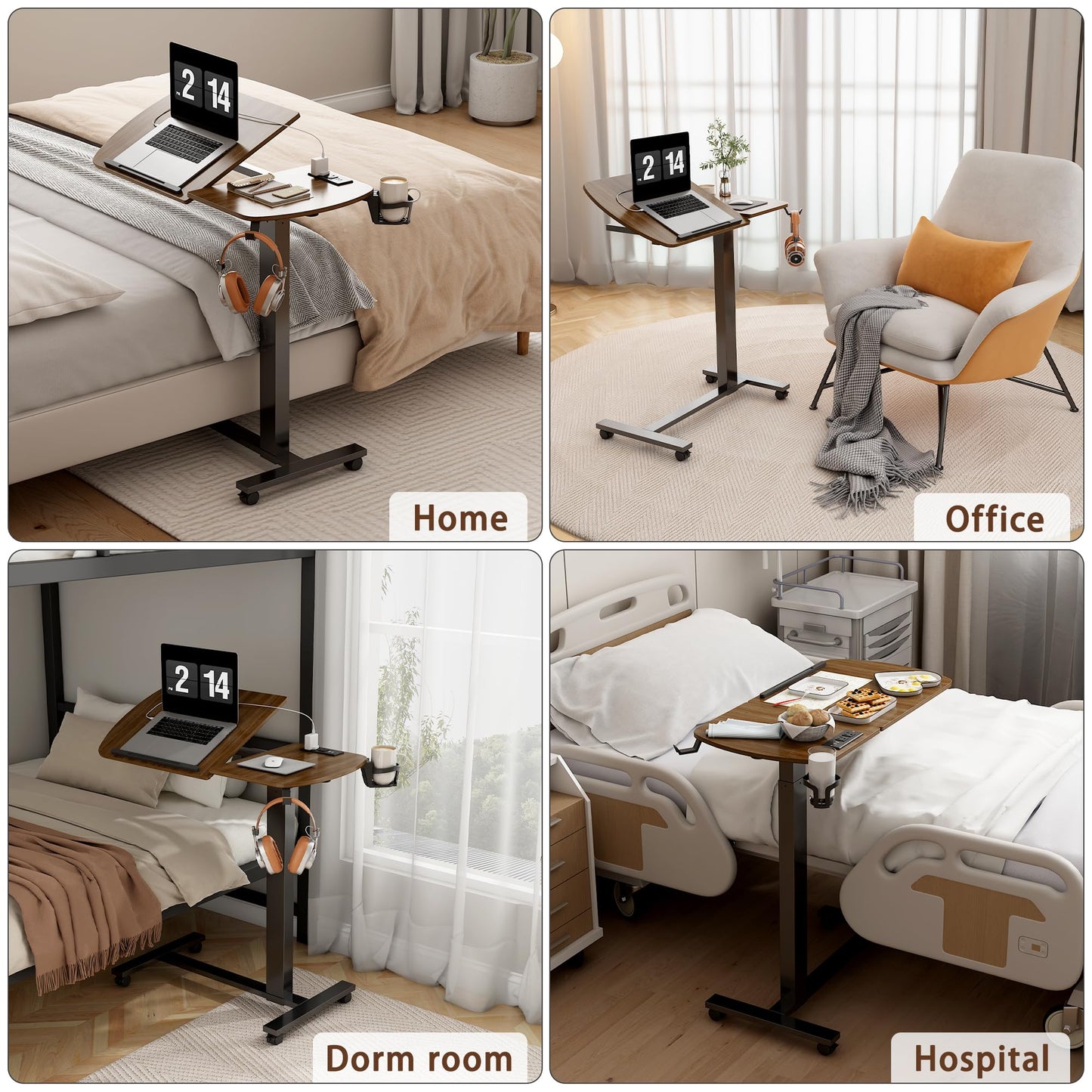 6 In 1 Overbed Table, 32'' Long Hospital Bed Table, Bedside Table (Walnut)