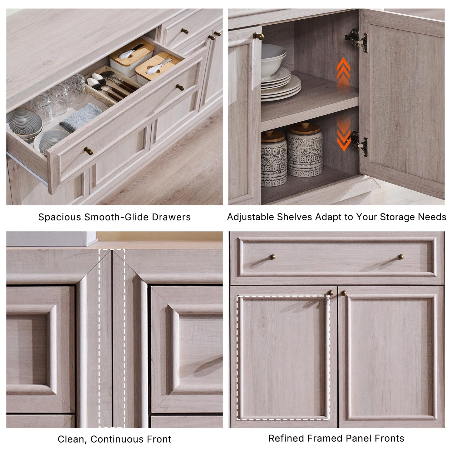 ACCOHOHO Modern Farmhouse Buffet Cabinet, 63" Sideboard Credenza, Modular Storage Cabinet with Framed Panel Fronts, 4 Doors, 2 Drawers, Adjustable Shelves & Dual Base Design, White Alder