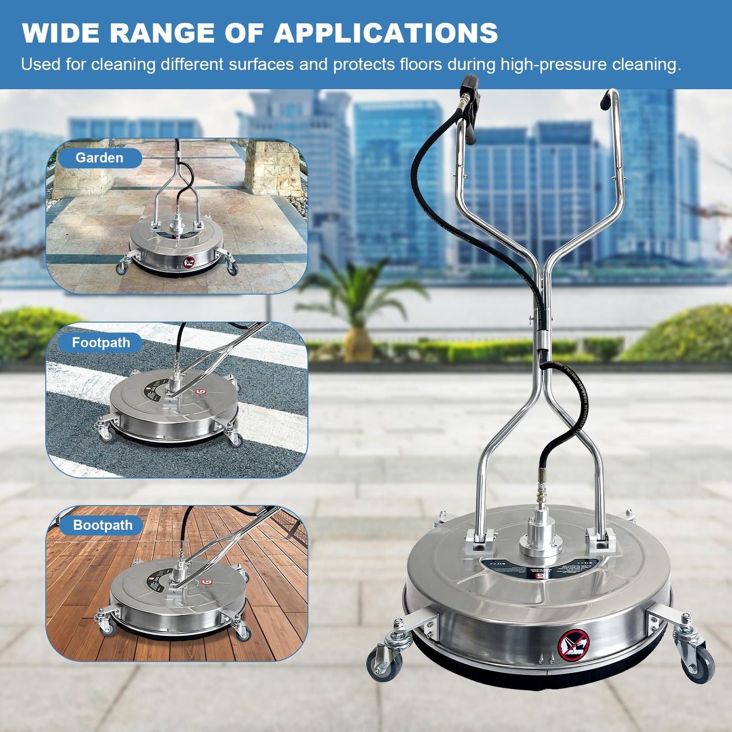 24" Pressure Washer Surface Cleaner with Dual Handles – Stainless Steel, 4-Wheel Design for Driveways, Sidewalks, Curbs, Decks, & Patios – 4900 PSI, High-Efficiency Cleaning Accessory