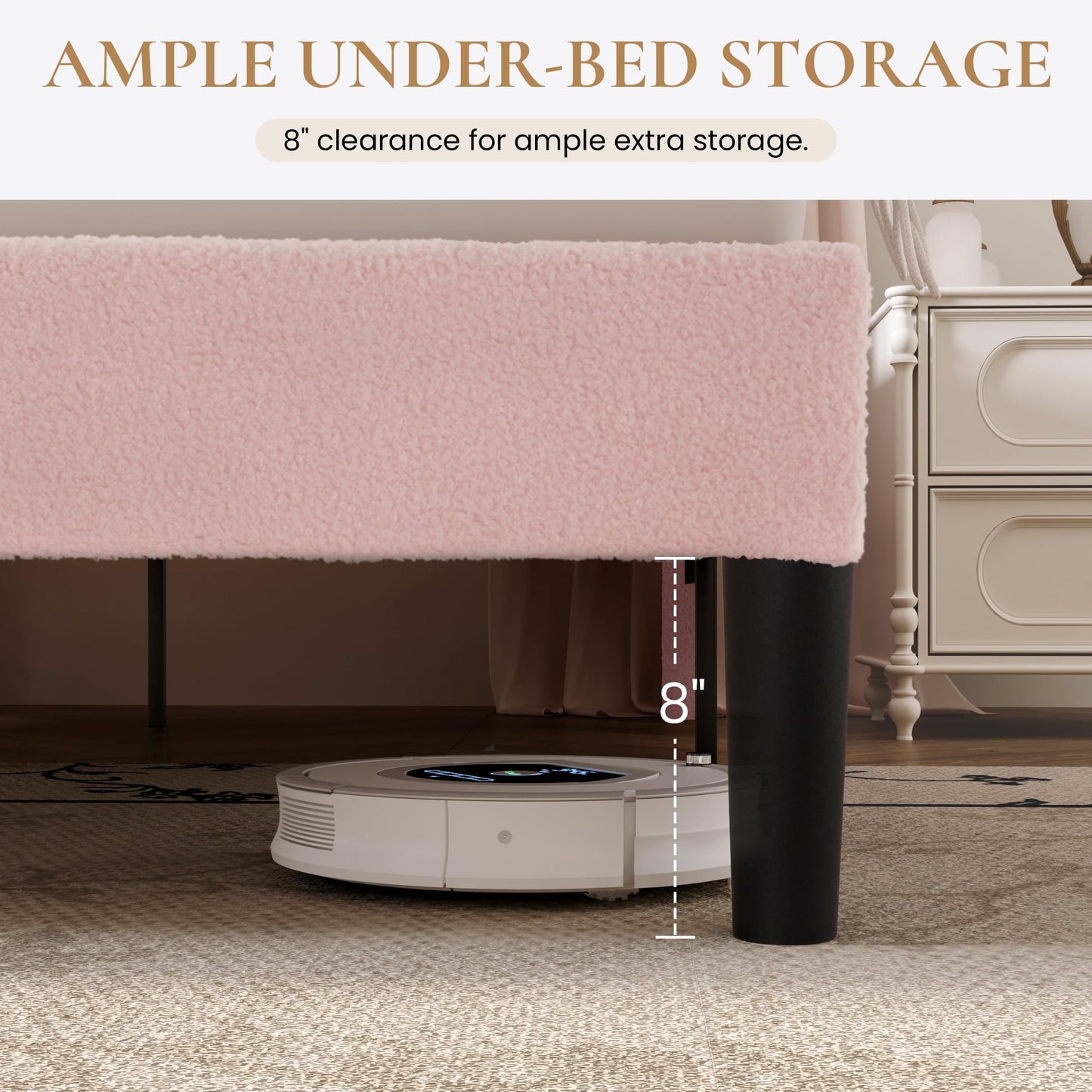 SHA CERLIN King Size Bed Frame with Soft Teddy Fabric, Boucle Upholstered Platform Bed, Curved Headboard Design, Wooden Slats Support, Noise-Free, No Box Spring Needed, Easy Assembly, Pink