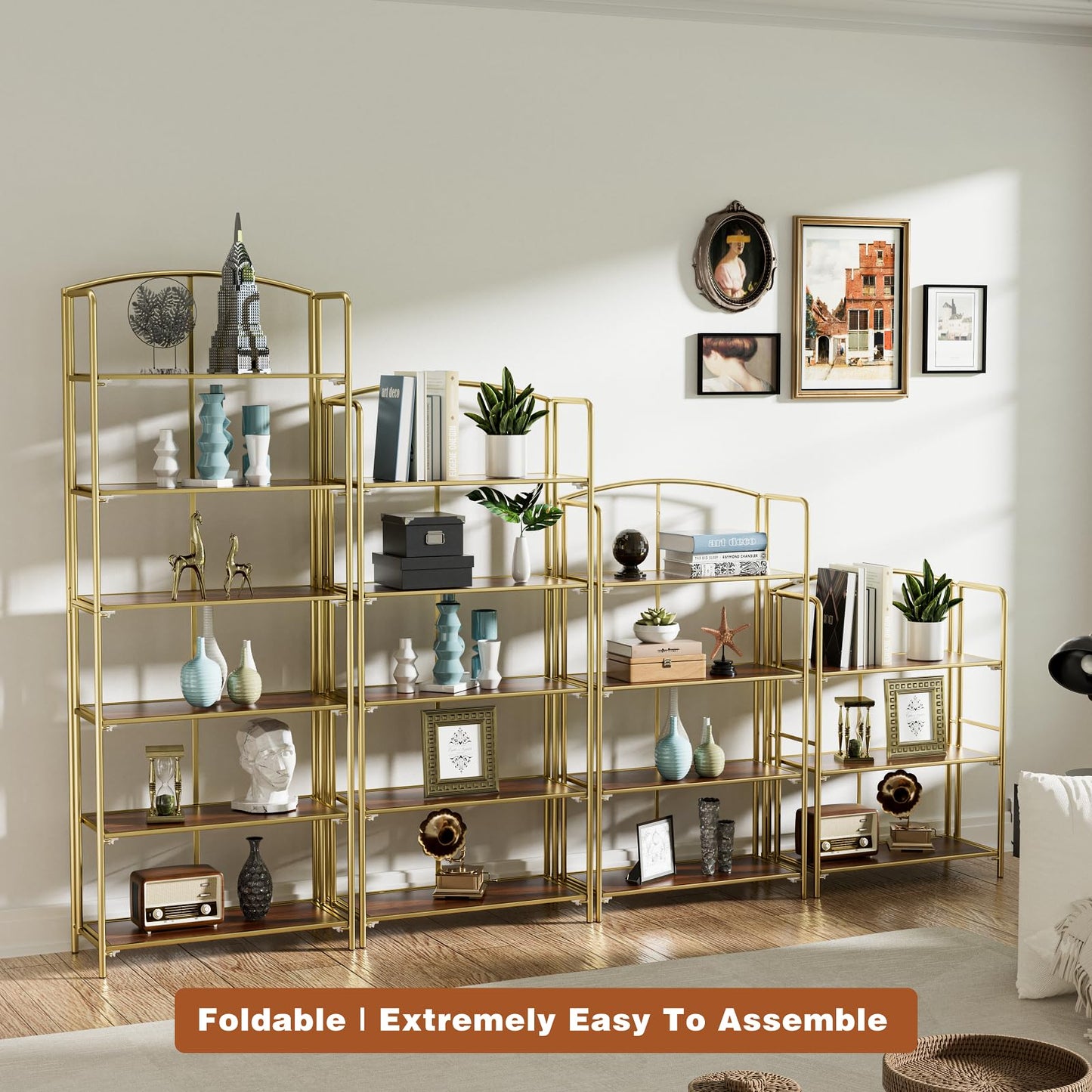 Crofy 5-Tier Wider Foldable Bookshelf, Gold Frame & Walnut Shelves