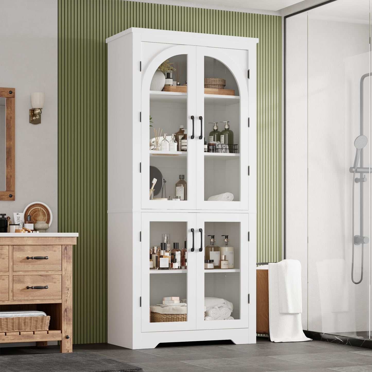 Garvee 70" Tall Kitchen Pantry Cabinet - Modern Display Cabinet with 4 Arched Glass Doors and Adjustable Shelves, Versatile Cupboard Organizers for Kitchen, Dining Room, Living Room, Bathroom, White