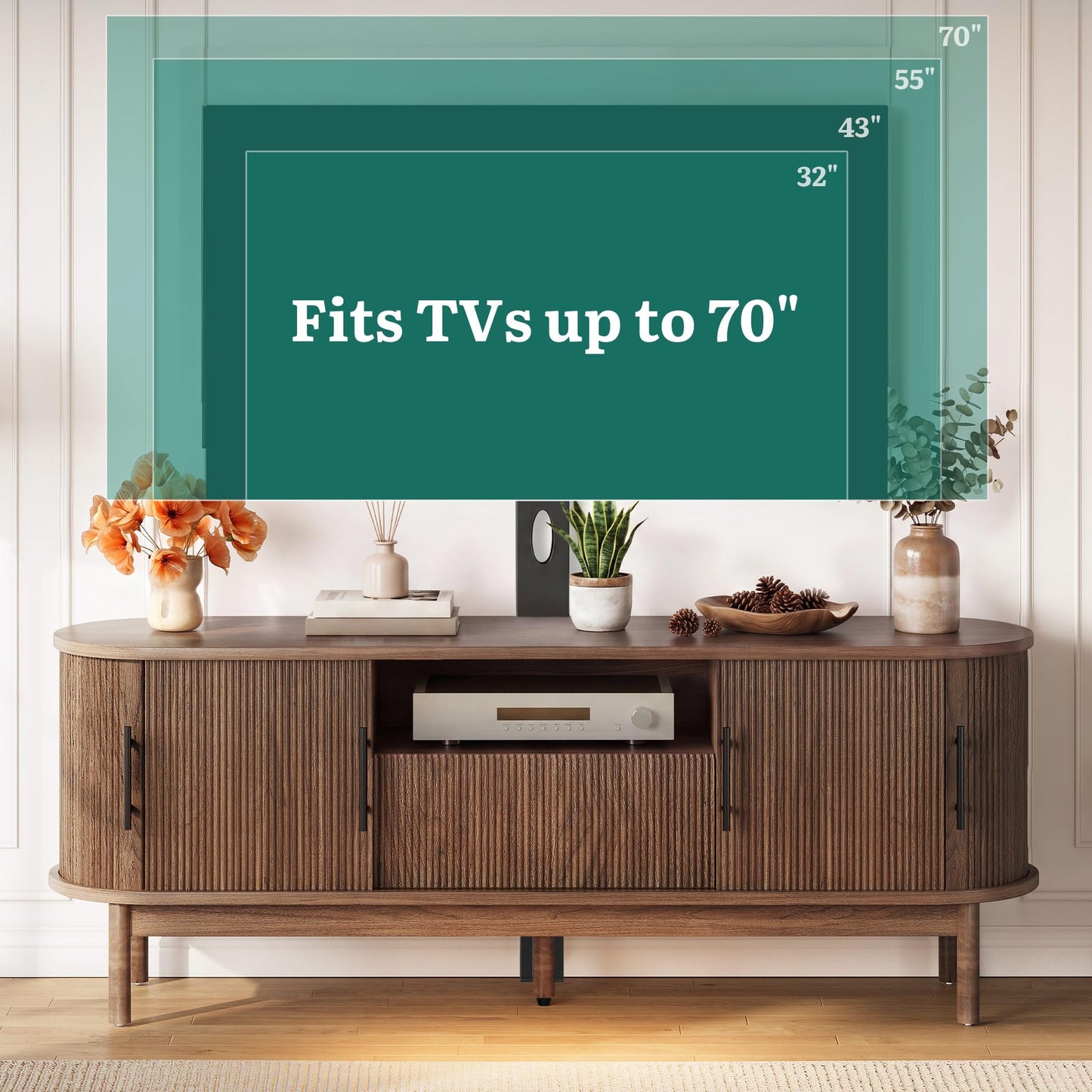 YITAHOME 60 Inch Fluted TV Stand with Adjustable TV Mount for 32-70 Inch TVs, Modern Curved Entertainment Center with Fluted Sliding Doors & Drawer, Media Console for Living Room, Walnut